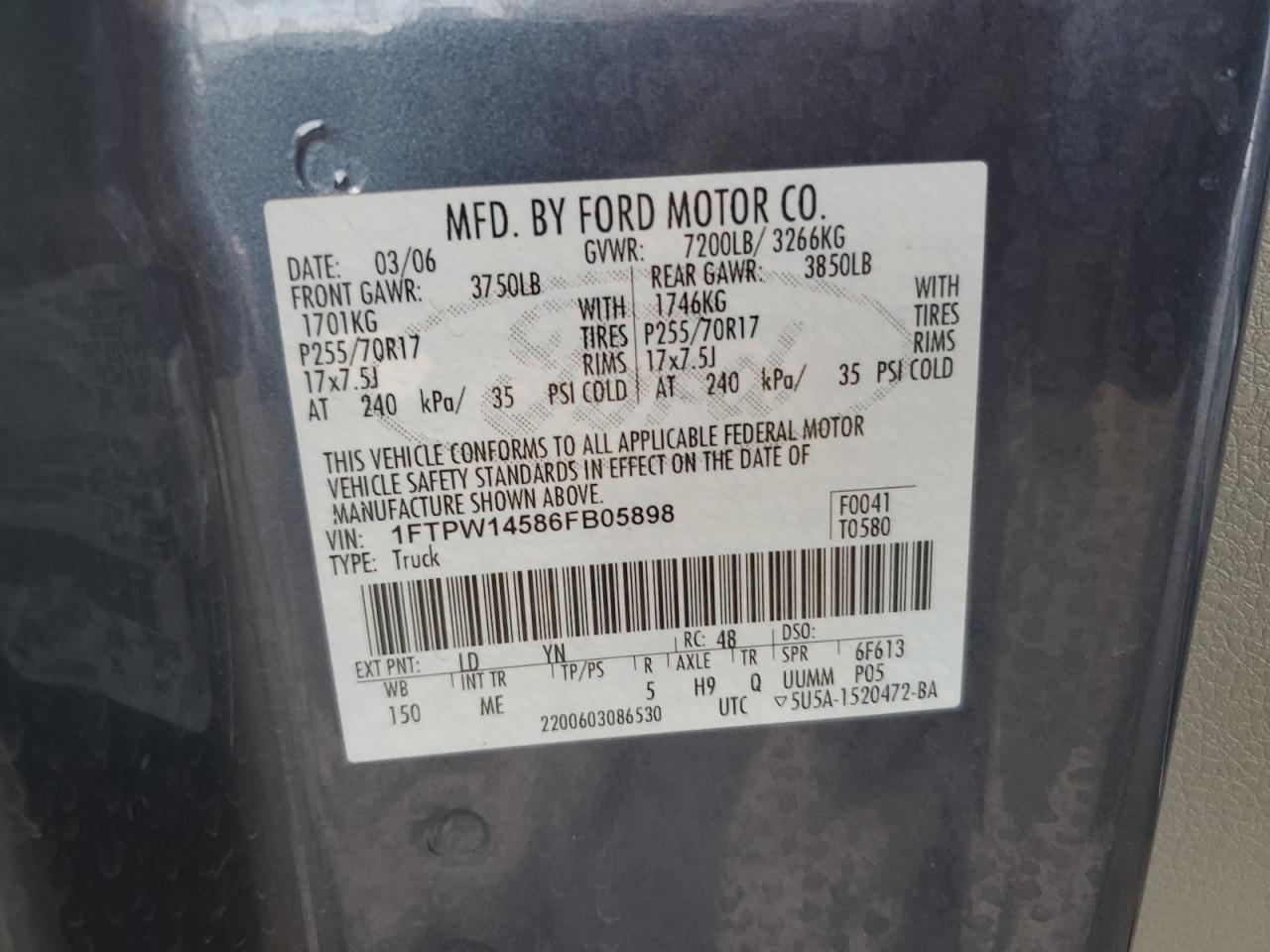 1FTPW14586FB05898 2006 Ford F150 Supercrew