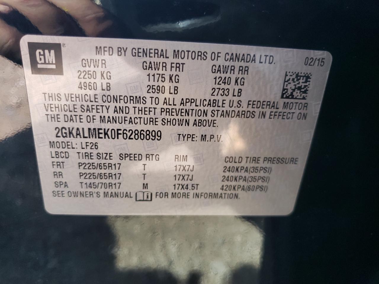 2GKALMEK0F6286899 2015 GMC Terrain Sle