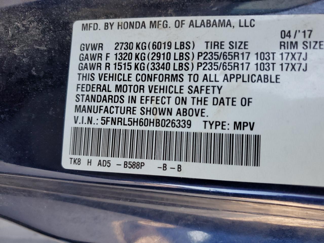 5FNRL5H60HB026339 2017 Honda Odyssey Exl