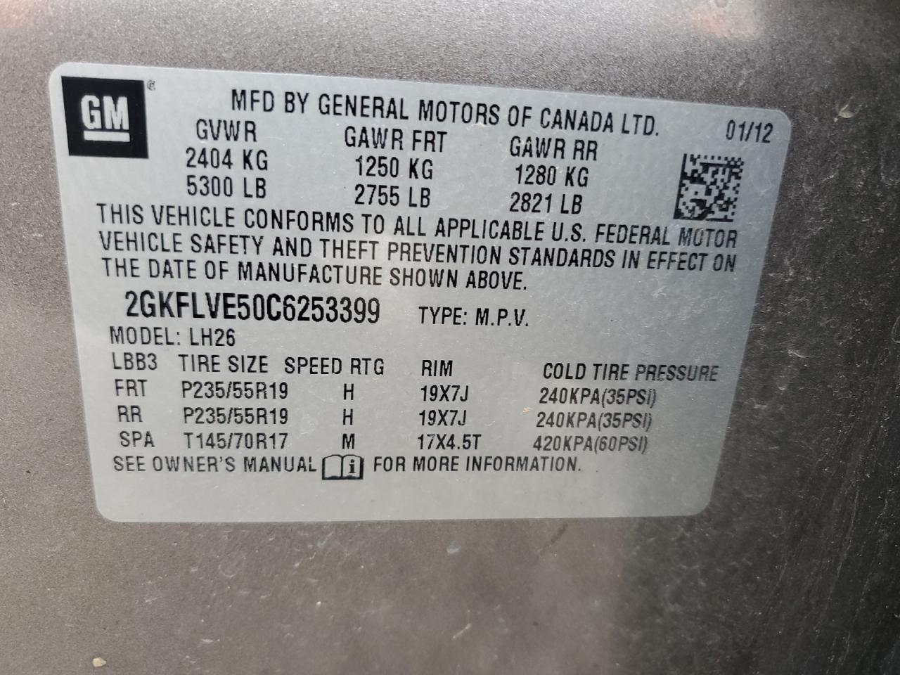 2GKFLVE50C6253399 2012 GMC Terrain Slt