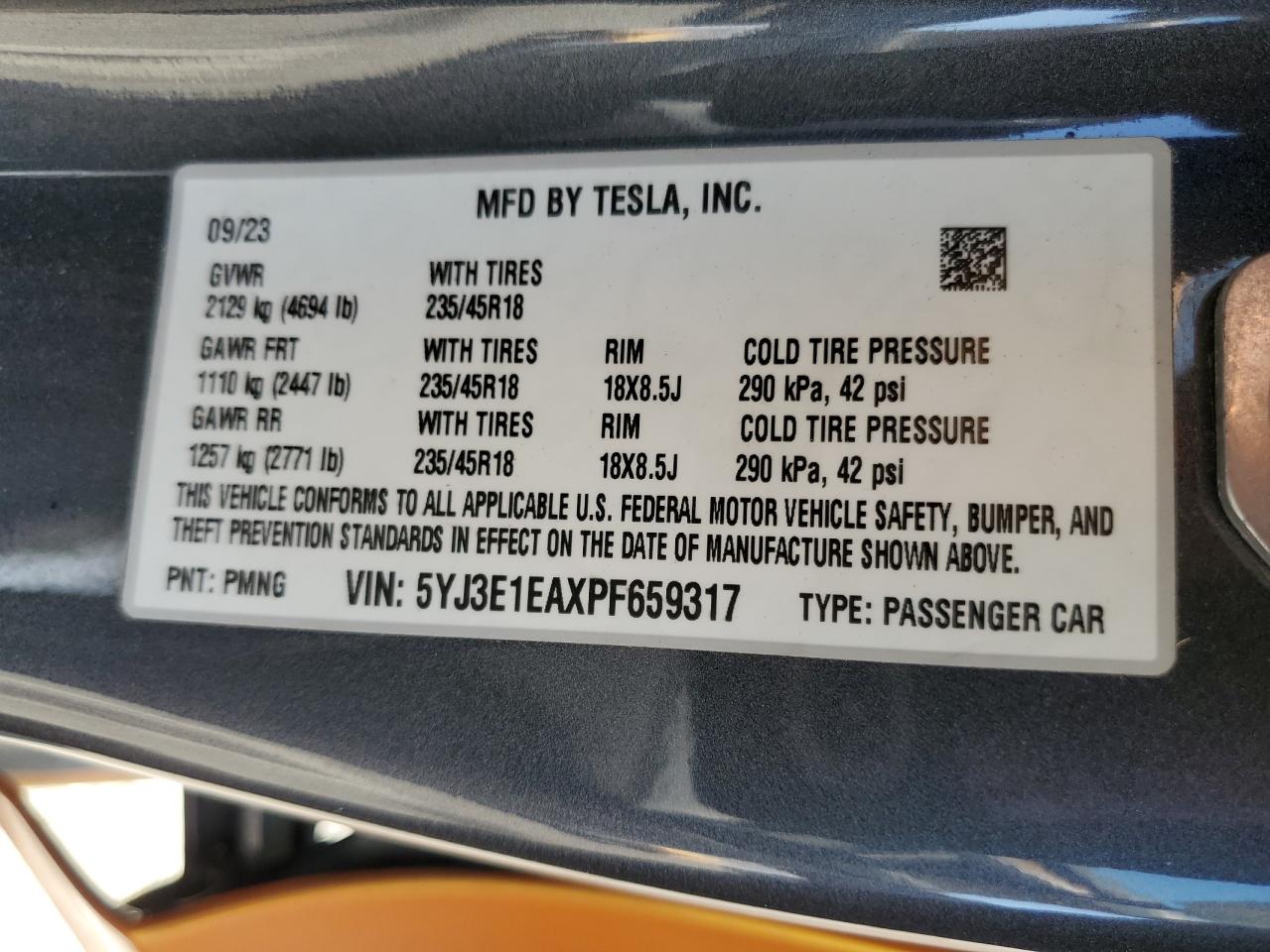 2023 Tesla Model 3 VIN: 5YJ3E1EAXPF659317 Lot: 66676704