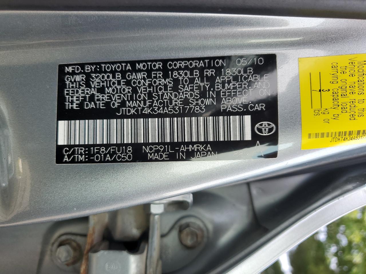 2010 Toyota Yaris VIN: JTDKT4K34A5317783 Lot: 65782664