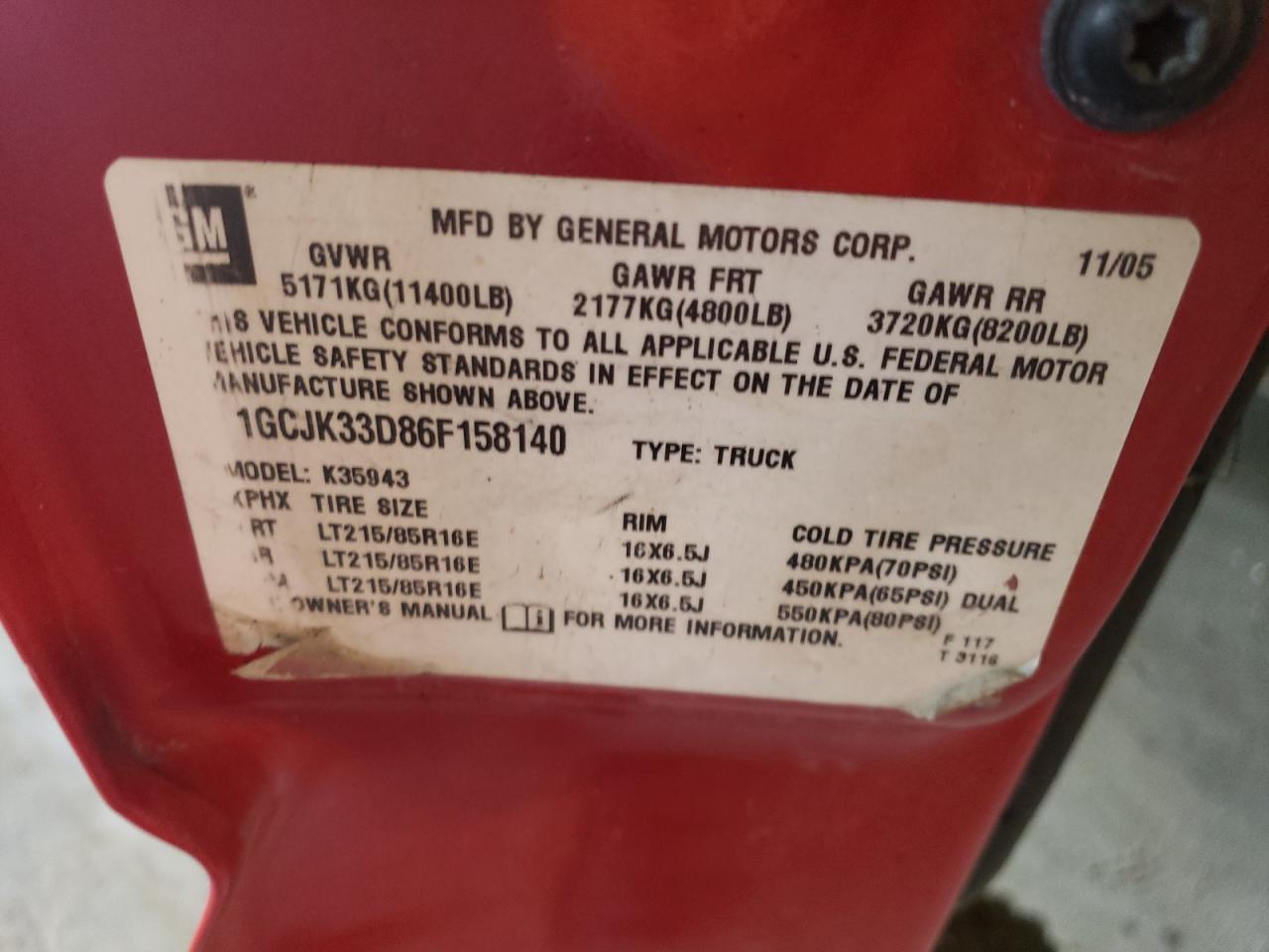 2006 Chevrolet Silverado K3500 VIN: 1GCJK33D86F158140 Lot: 66349884