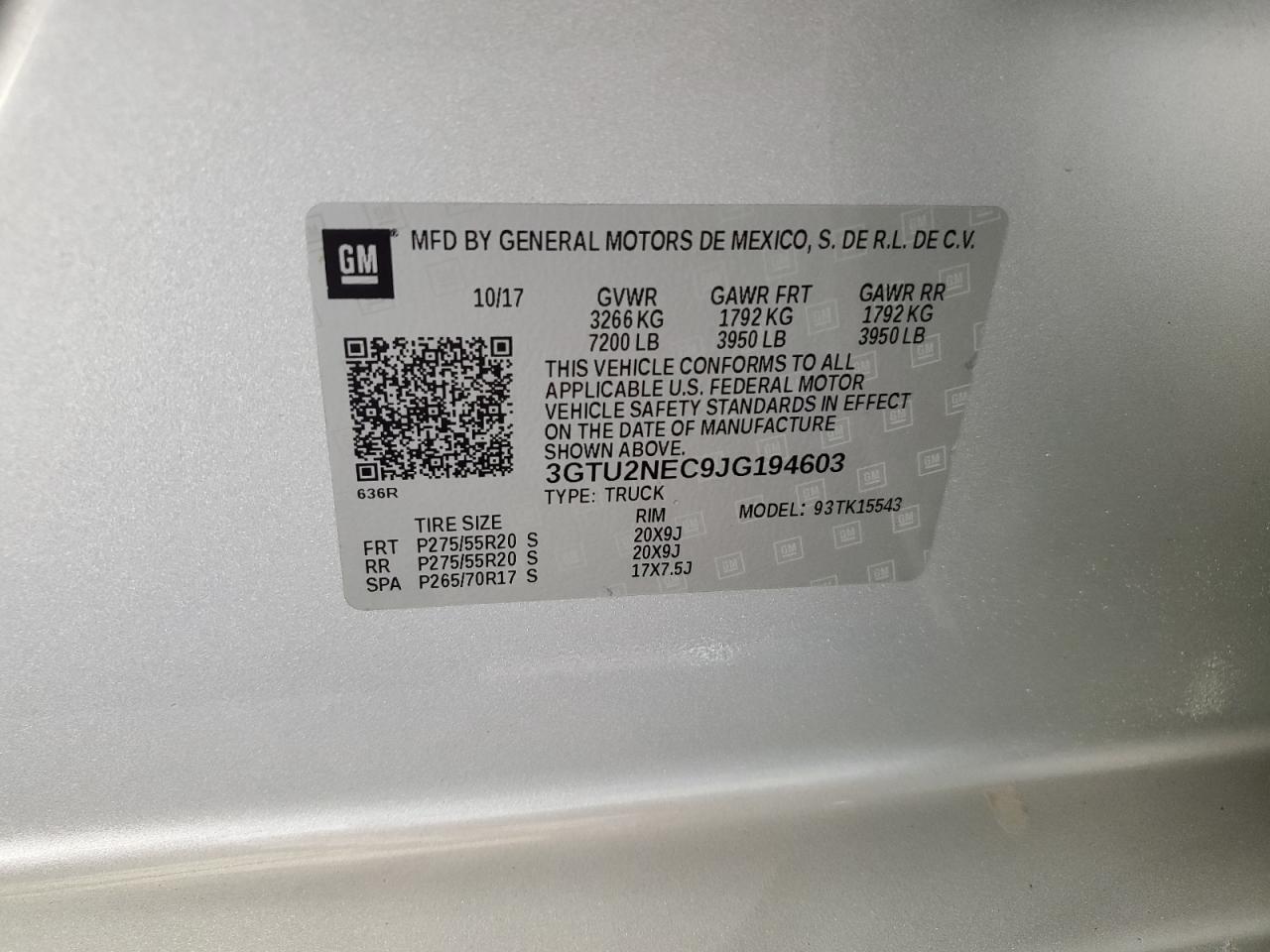 2018 GMC Sierra K1500 Slt VIN: 3GTU2NEC9JG194603 Lot: 67583984