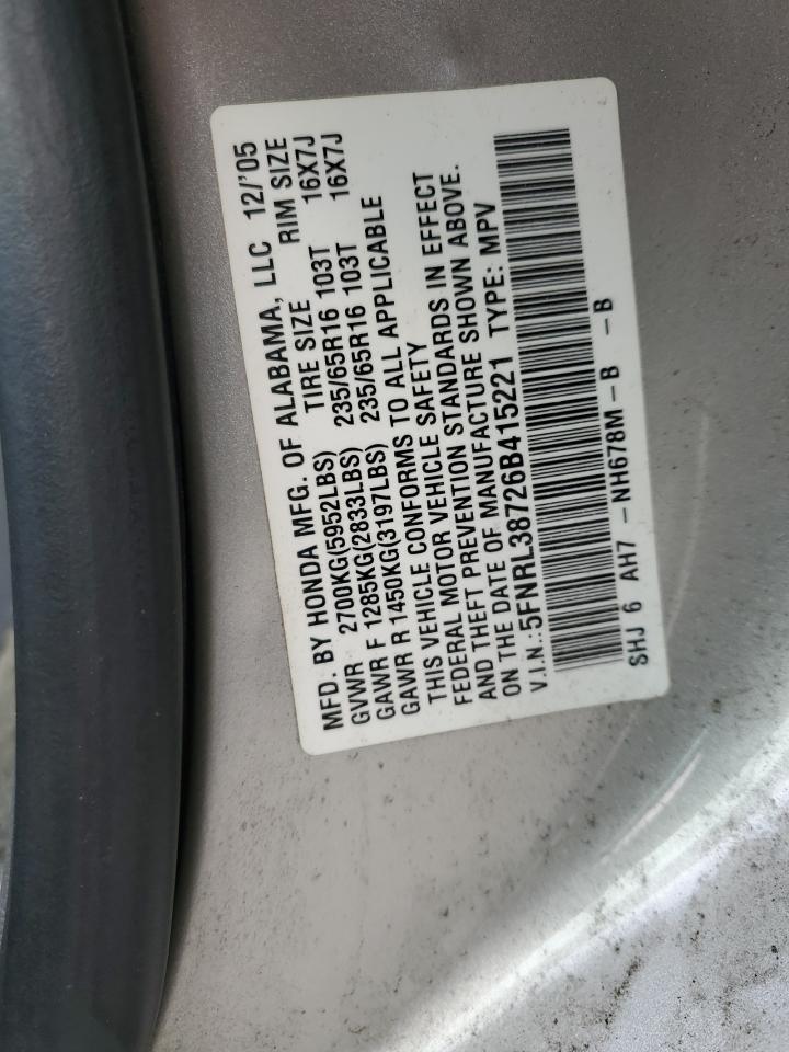 2006 Honda Odyssey Exl VIN: 5FNRL38726B415221 Lot: 65780274