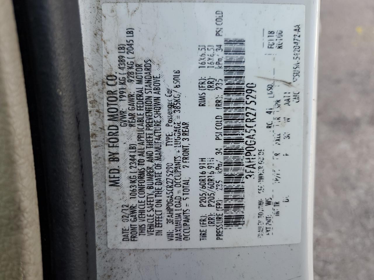 3FAHP0GA5CR275290 2012 Ford Fusion S