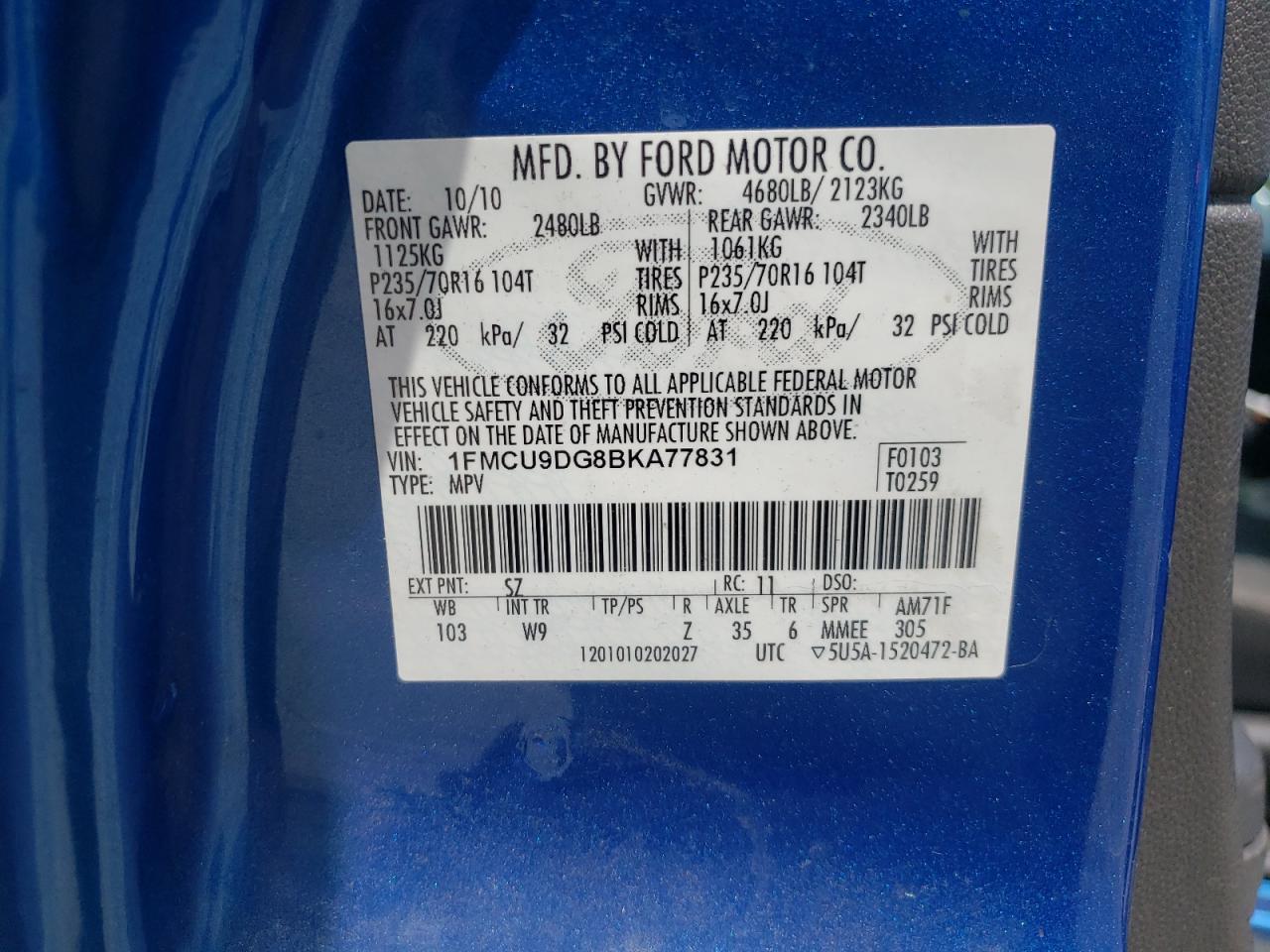 2011 Ford Escape Xlt VIN: 1FMCU9DG8BKA77831 Lot: 67532174