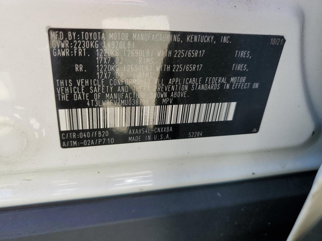 2021 Toyota Rav4 Le VIN: 4T3LWRFV7MU038796 Lot: 67205544