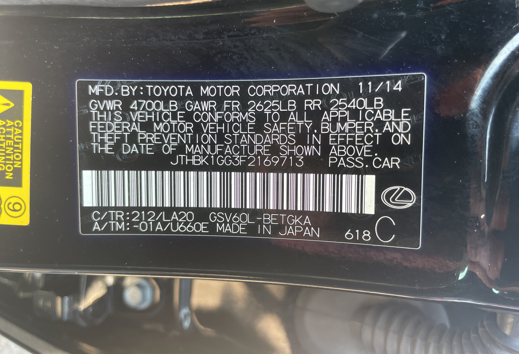 2015 Lexus Es 350 vin: JTHBK1GG3F2169713