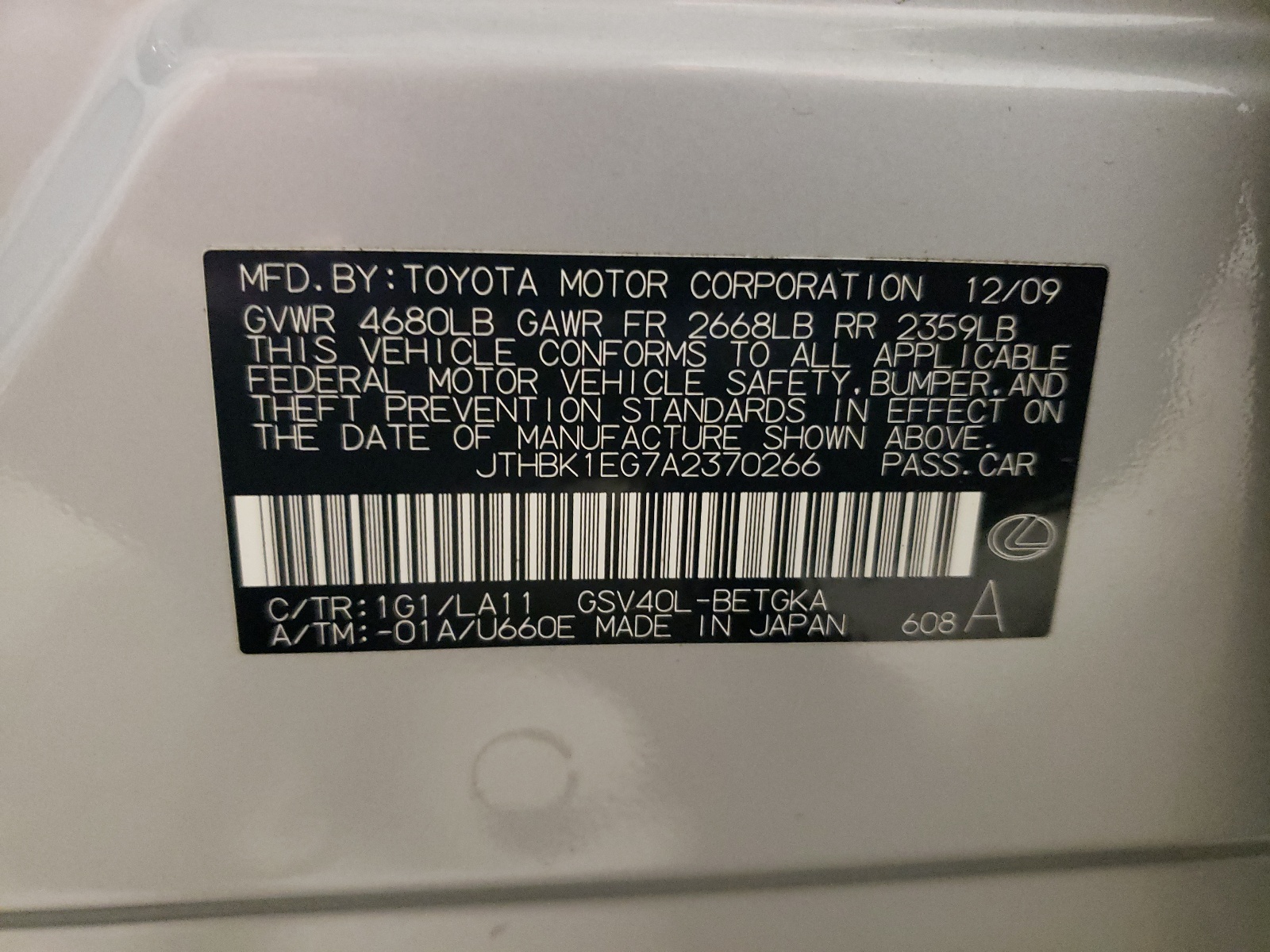 JTHBK1EG7A2370266 2010 Lexus Es 350