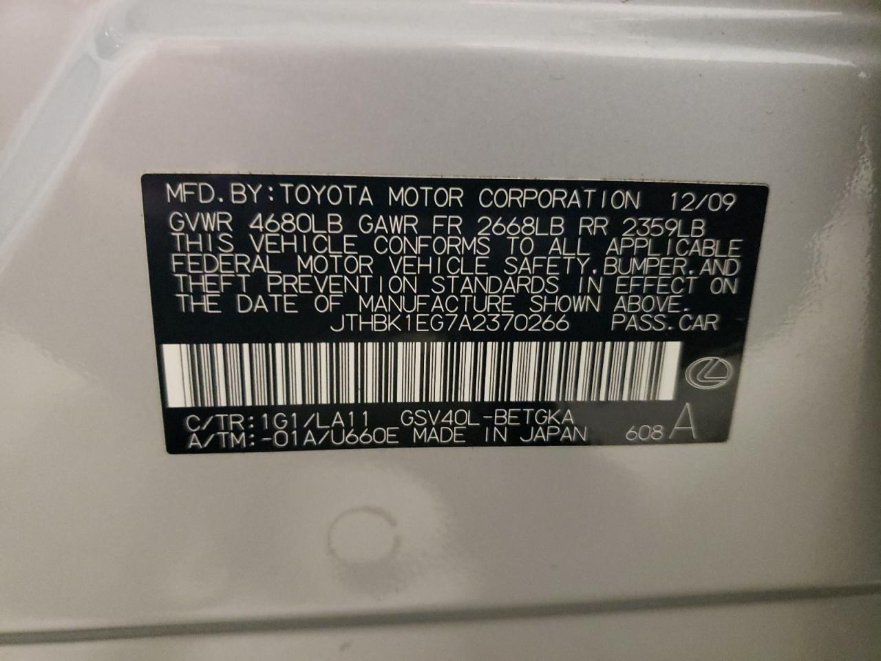 2010 Lexus Es 350 VIN: JTHBK1EG7A2370266 Lot: 65663664