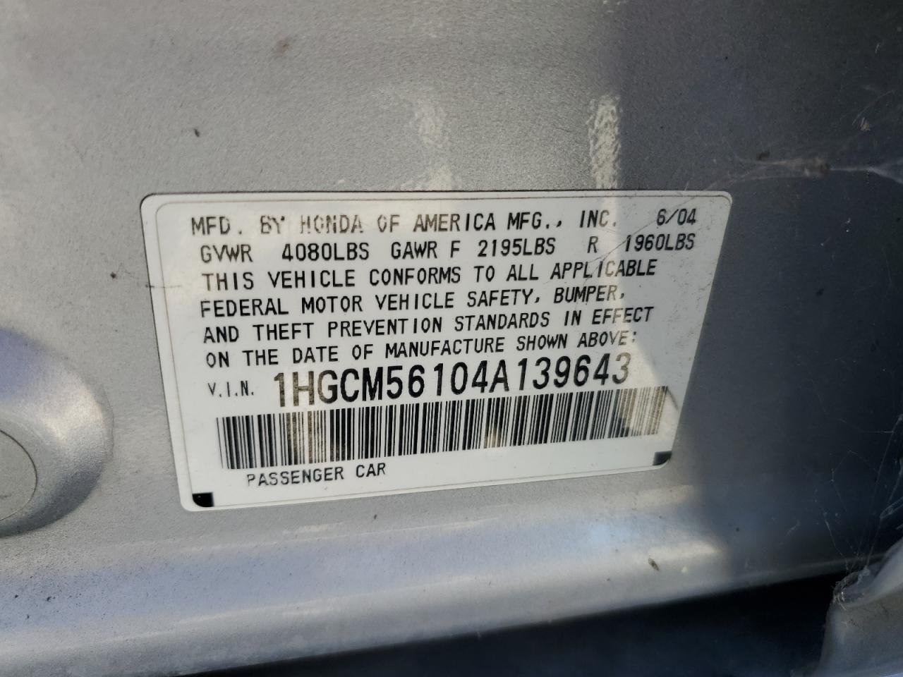 1HGCM56104A139643 2004 Honda Accord Dx