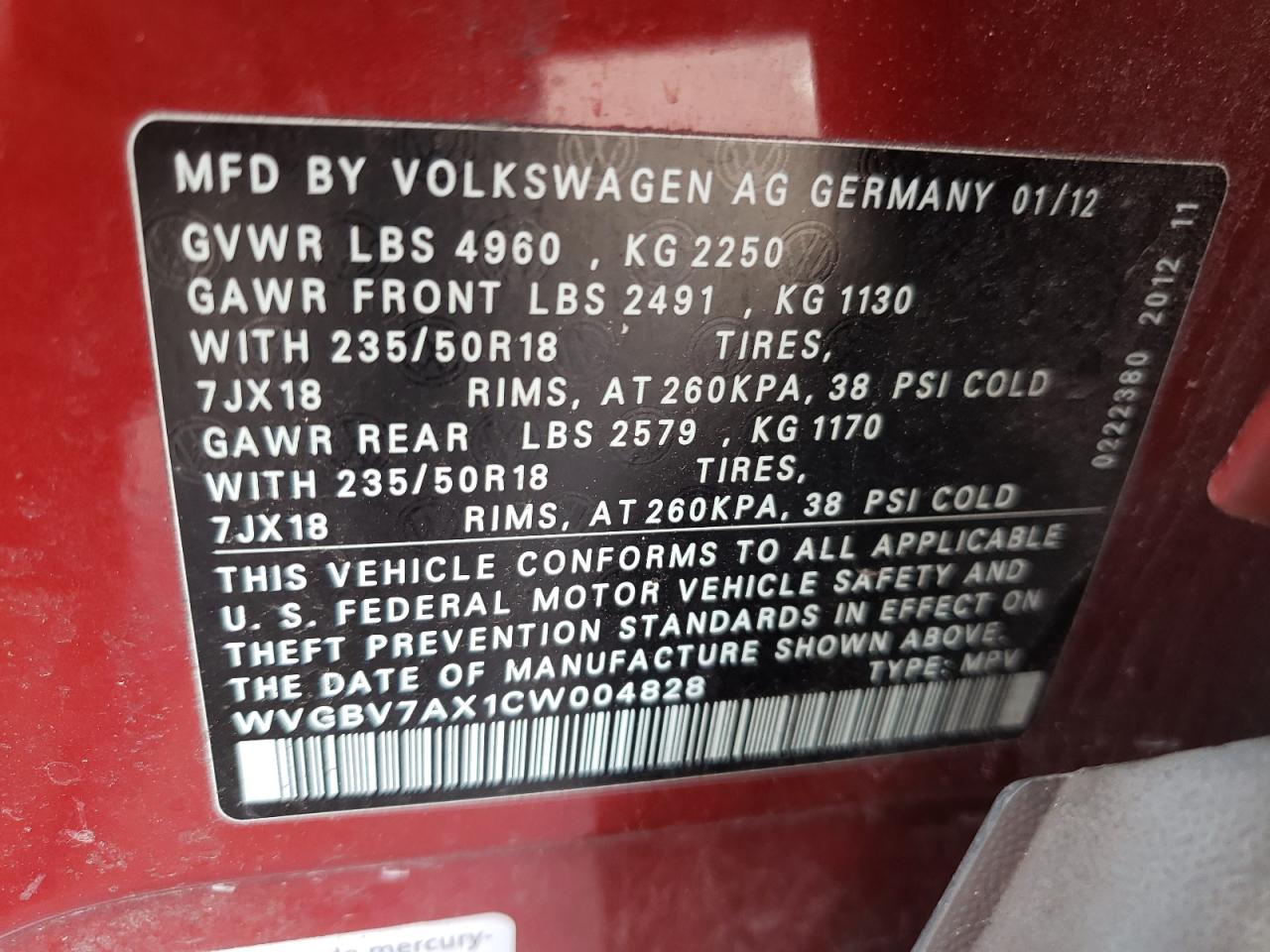 2012 Volkswagen Tiguan S VIN: WVGBV7AX1CW004828 Lot: 68116244