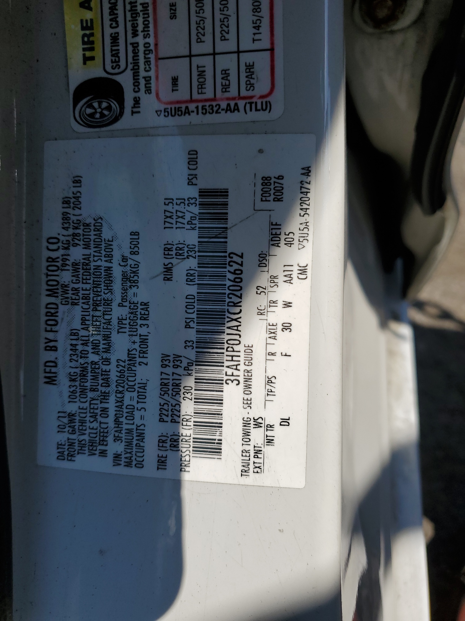 3FAHP0JAXCR206622 2012 Ford Fusion Sel