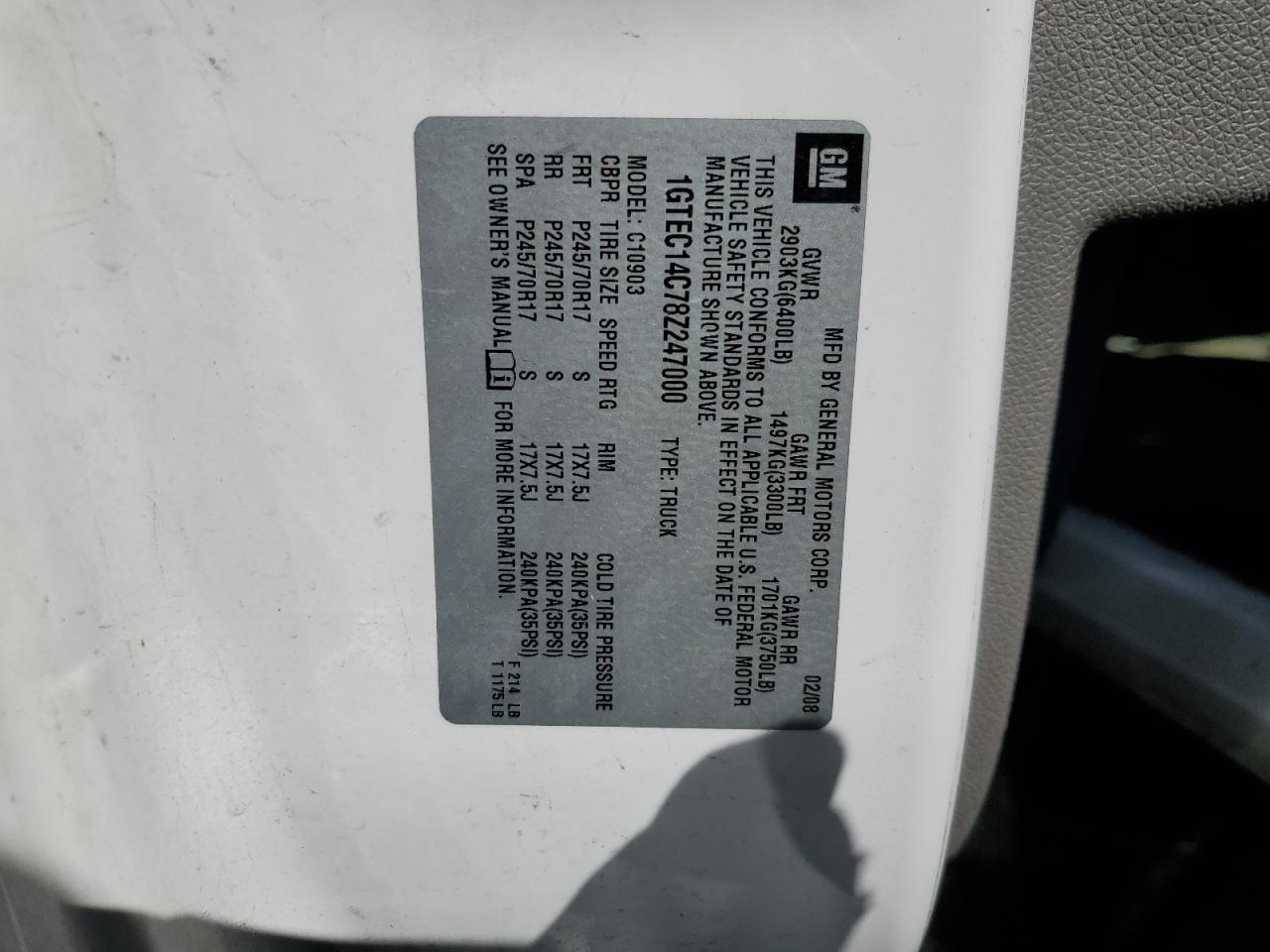 2008 GMC Sierra C1500 VIN: 1GTEC14C78Z247000 Lot: 66940784