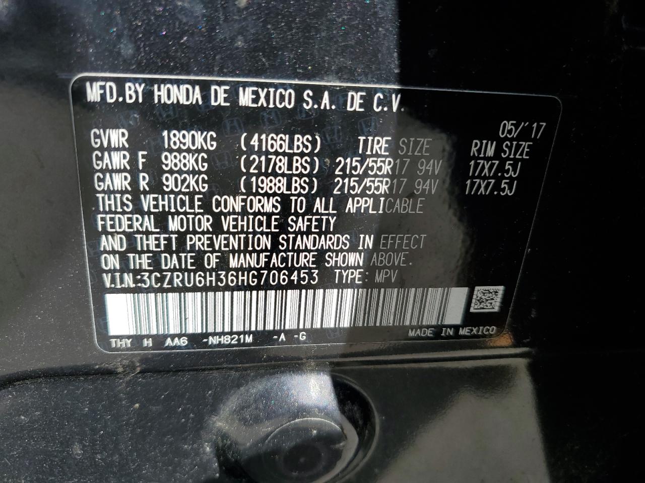 3CZRU6H36HG706453 2017 Honda Hr-V Lx