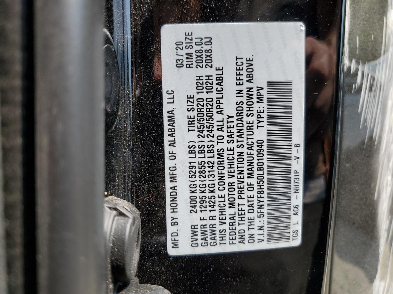 2020 Honda Passport Exl VIN: 5FNYF8H50LB010940 Lot: 66305244