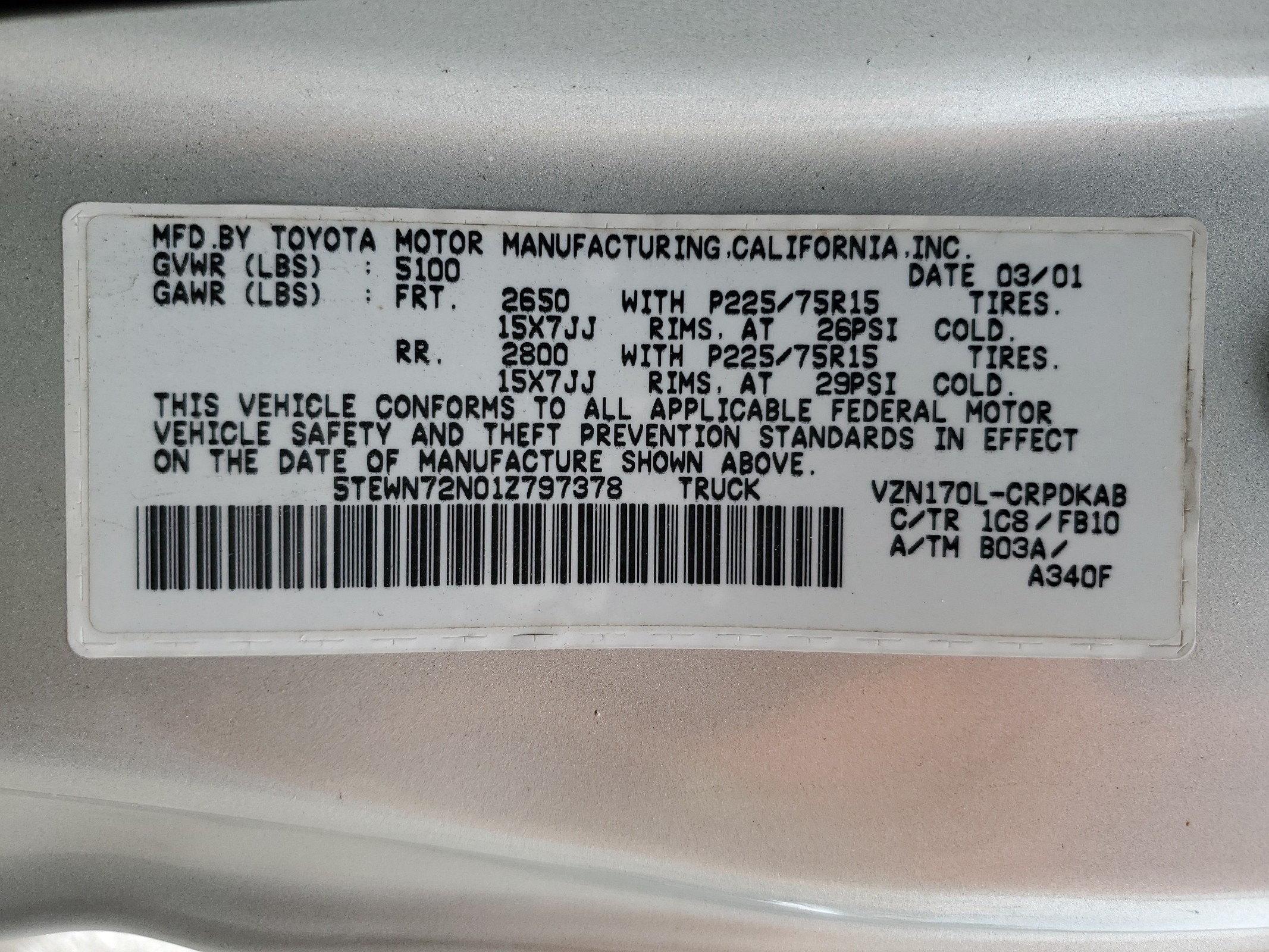 5TEWN72N01Z797378 2001 Toyota Tacoma Xtracab