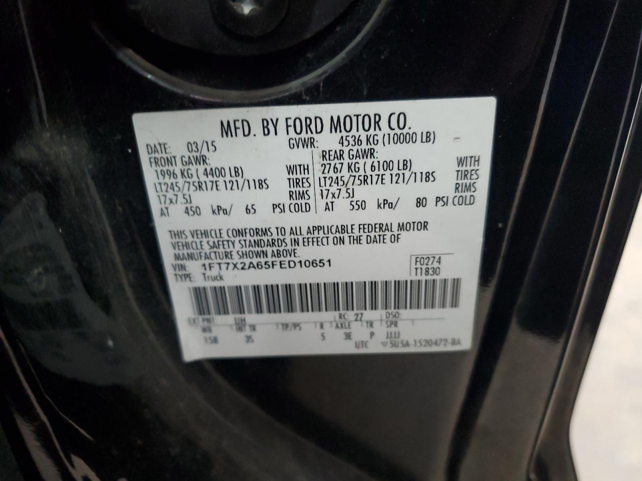 2015 Ford F250 Super Duty VIN: 1FT7X2A65FED10651 Lot: 67666654