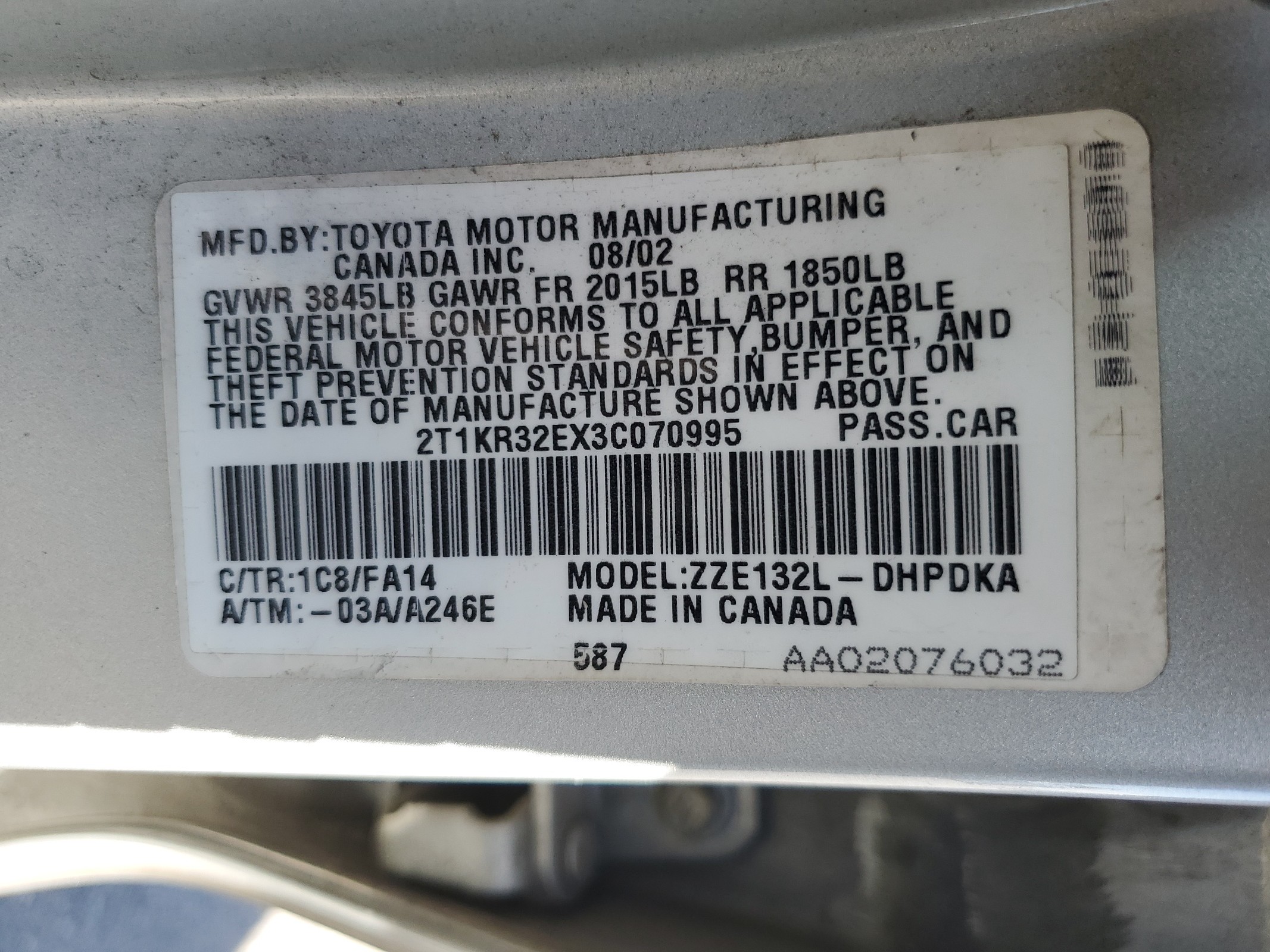 2T1KR32EX3C070995 2003 Toyota Corolla Matrix Xr