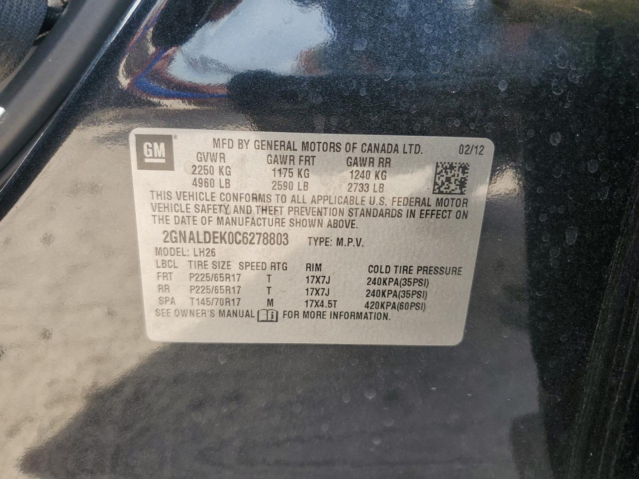 2012 Chevrolet Equinox Lt VIN: 2GNALDEK0C6278803 Lot: 79921094