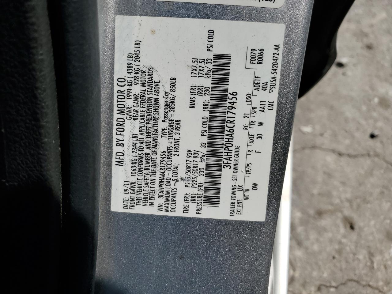 2012 Ford Fusion Se VIN: 3FAHP0HA6CR179456 Lot: 65992864