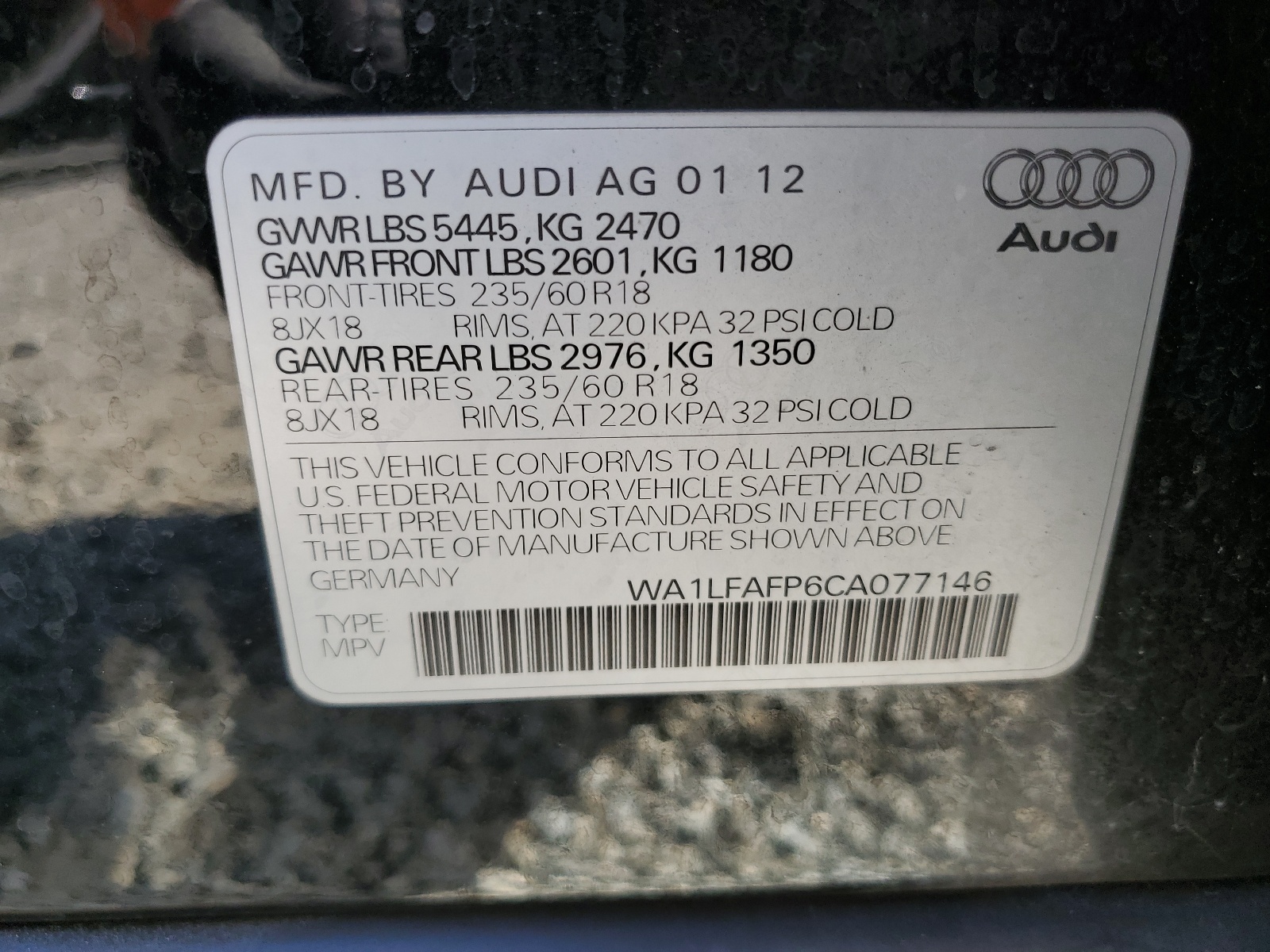 WA1LFAFP6CA077146 2012 Audi Q5 Premium Plus