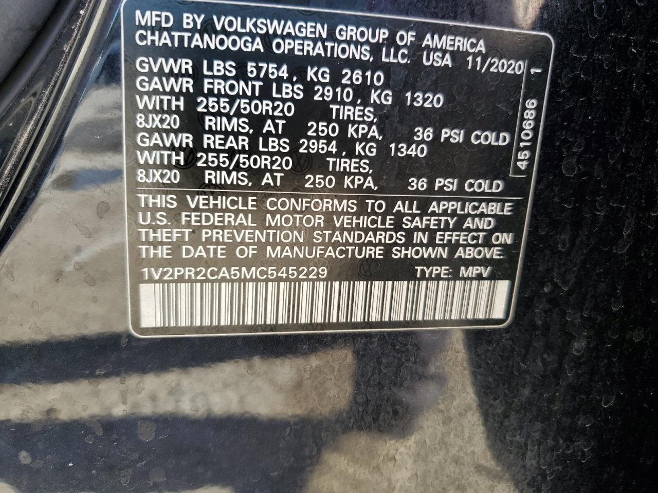 2021 Volkswagen Atlas Se VIN: 1V2PR2CA5MC545229 Lot: 68975134