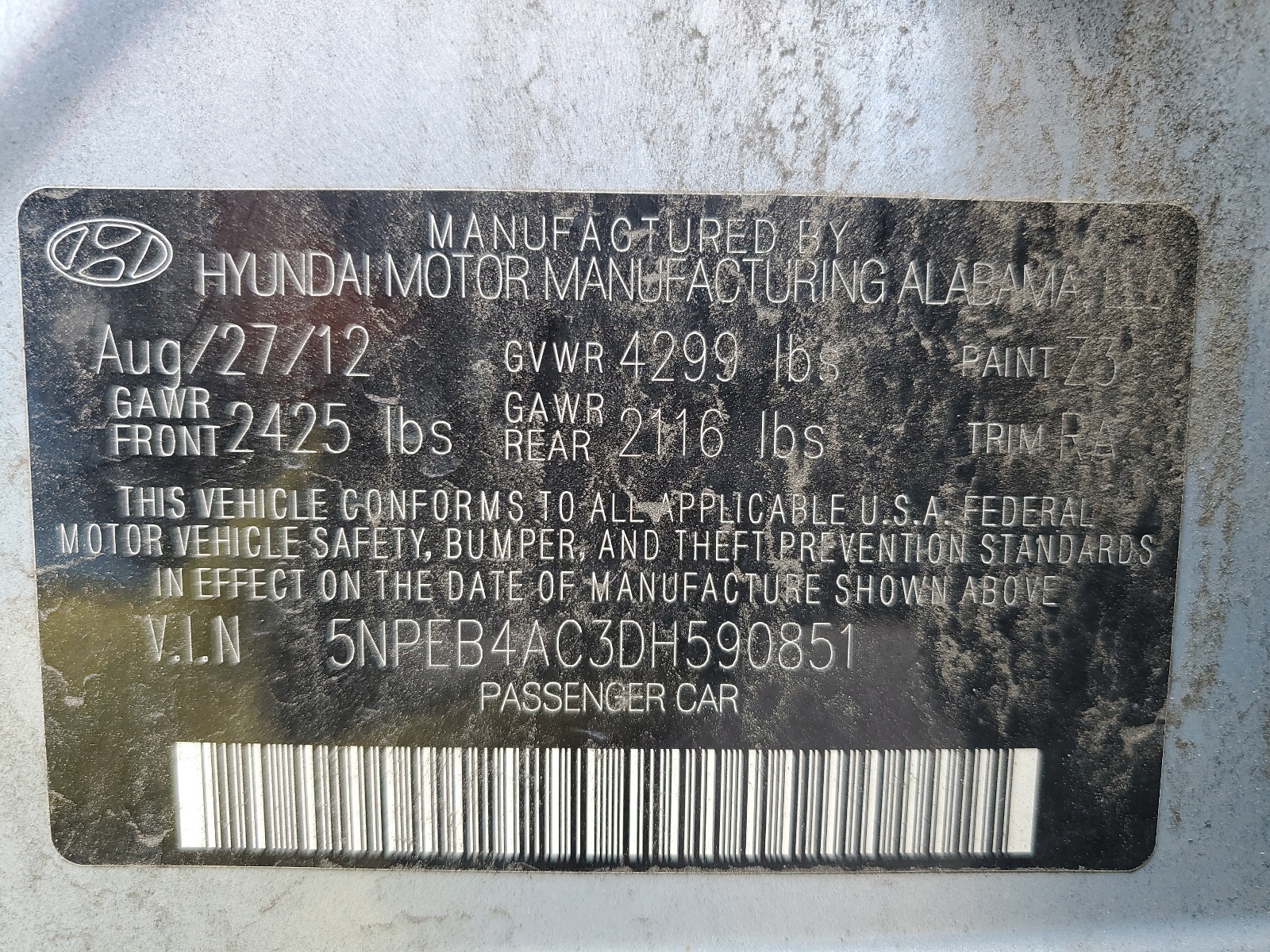 5NPEB4AC3DH590851 2013 Hyundai Sonata Gls