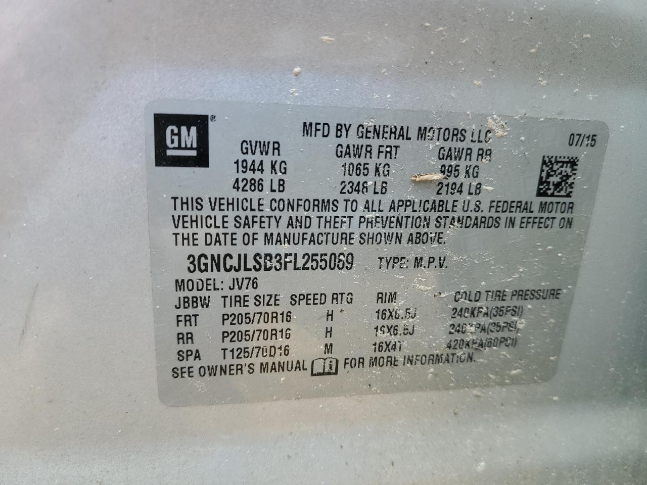 2015 Chevrolet Trax 1Lt VIN: 3GNCJLSB3FL255089 Lot: 67507934