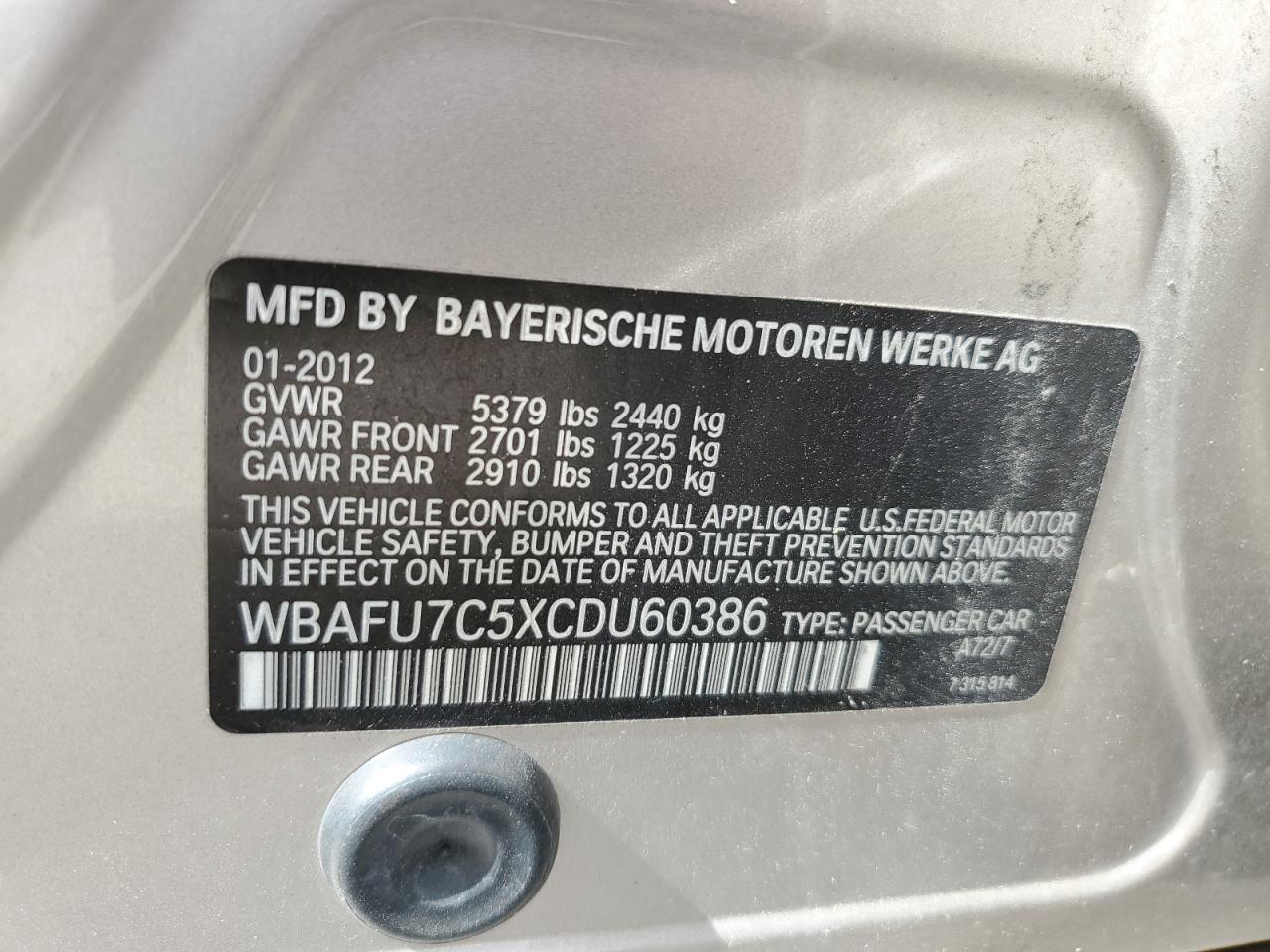 2012 BMW 535 Xi VIN: WBAFU7C5XCDU60386 Lot: 65850844