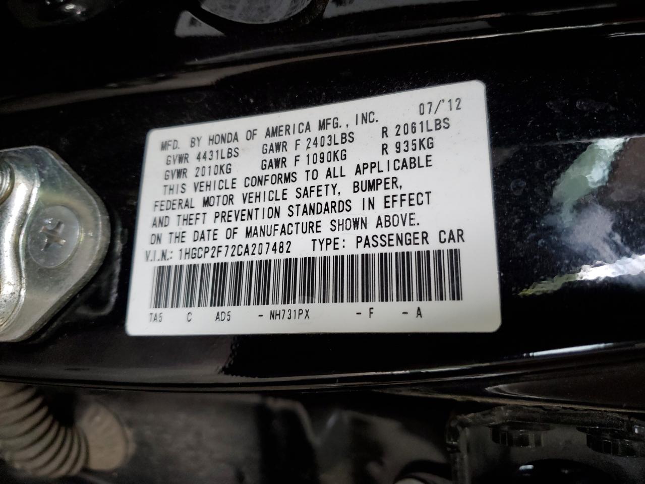 1HGCP2F72CA207482 2012 Honda Accord Ex