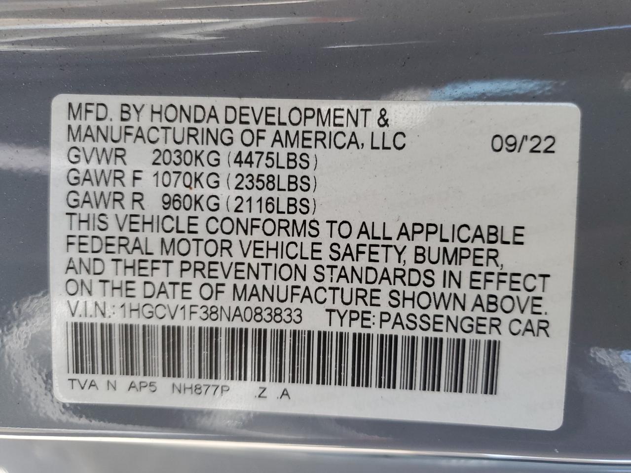 2022 Honda Accord Sport VIN: 1HGCV1F38NA083833 Lot: 68373014