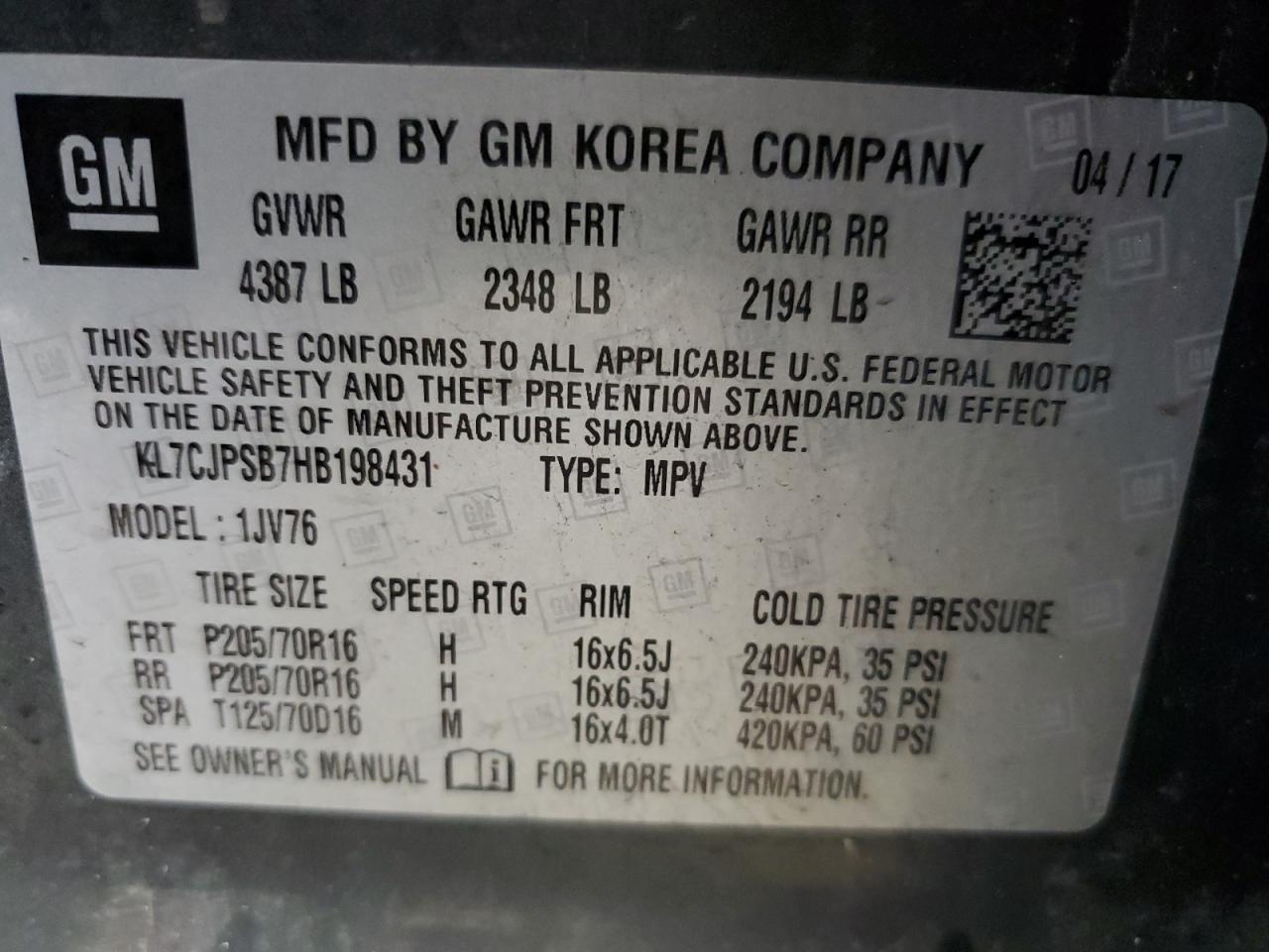 2017 Chevrolet Trax 1Lt VIN: KL7CJPSB7HB198431 Lot: 65775244