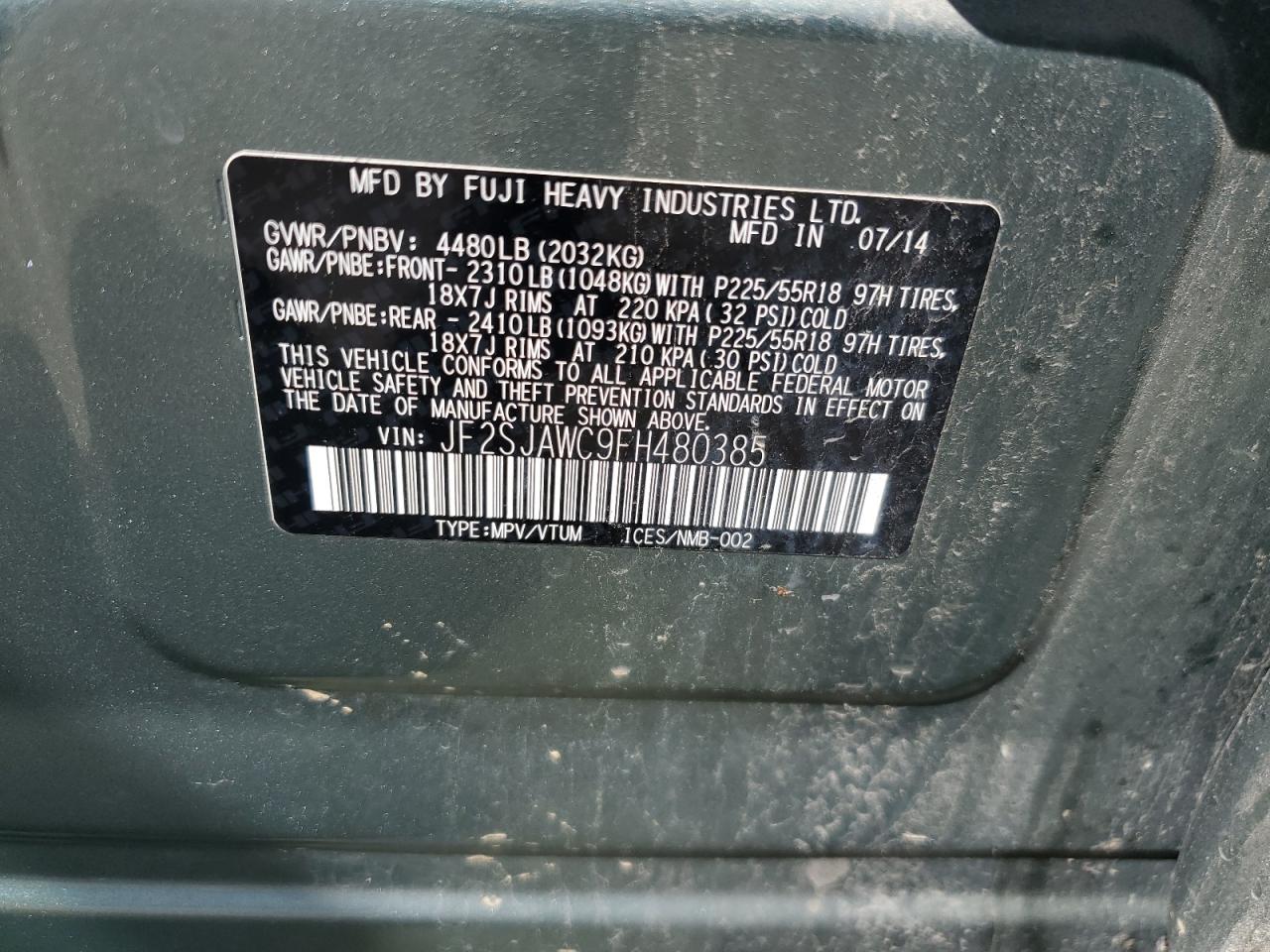 2015 Subaru Forester 2.5I Touring VIN: JF2SJAWC9FH480385 Lot: 68310374