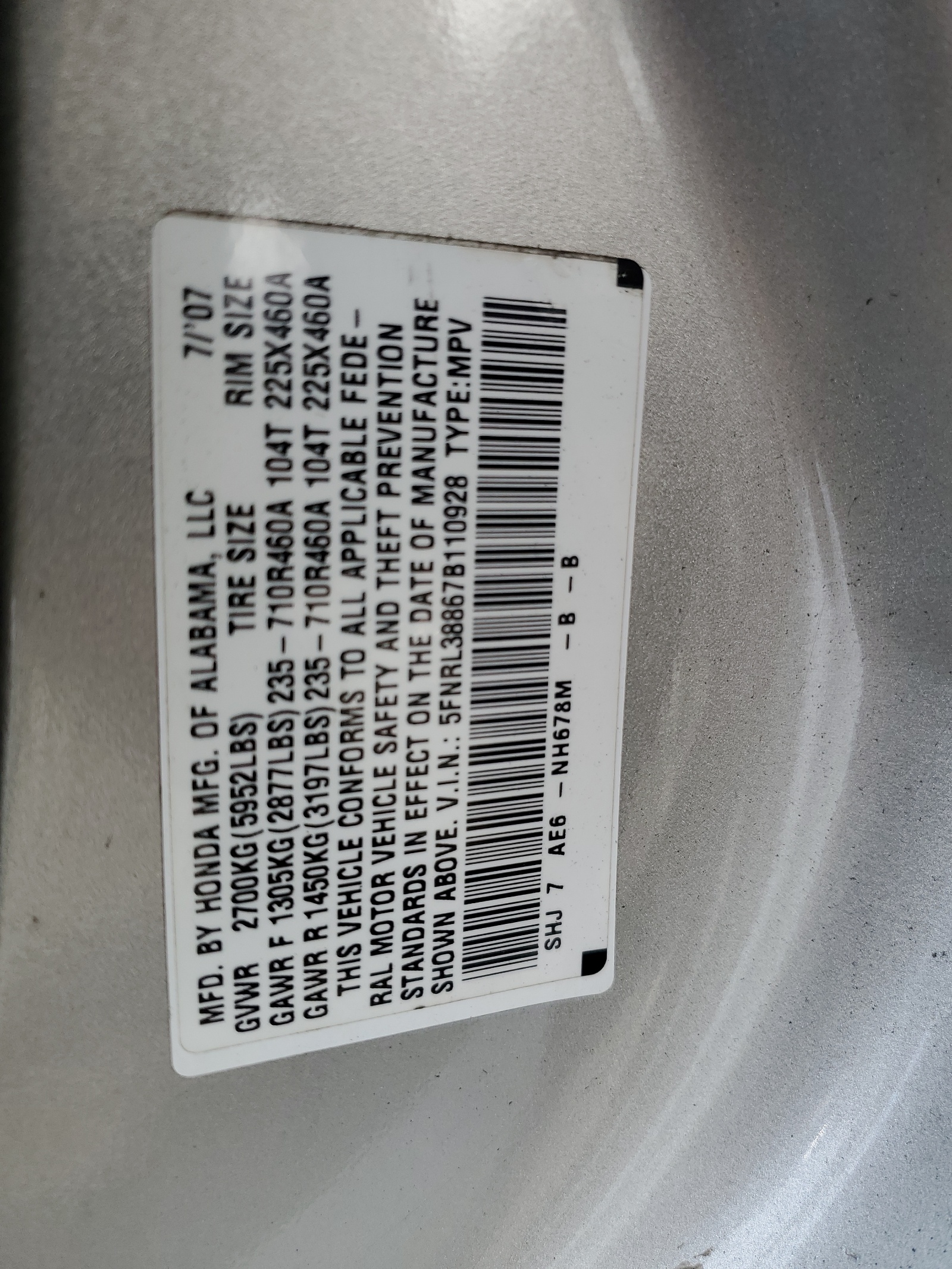 5FNRL38867B110928 2007 Honda Odyssey Touring