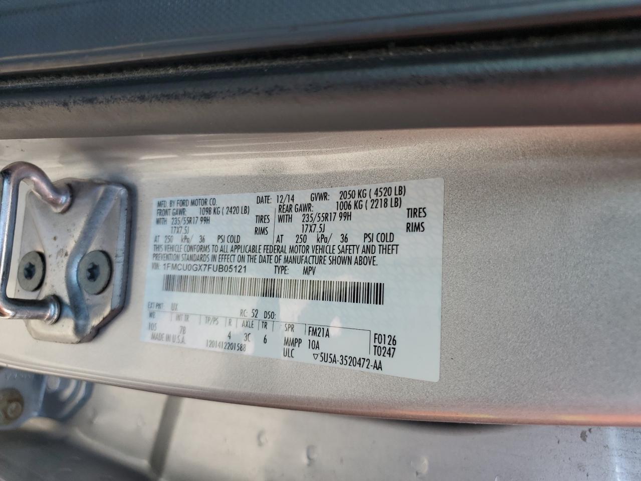 2015 Ford Escape Se VIN: 1FMCU0GX7FUB05121 Lot: 66366724