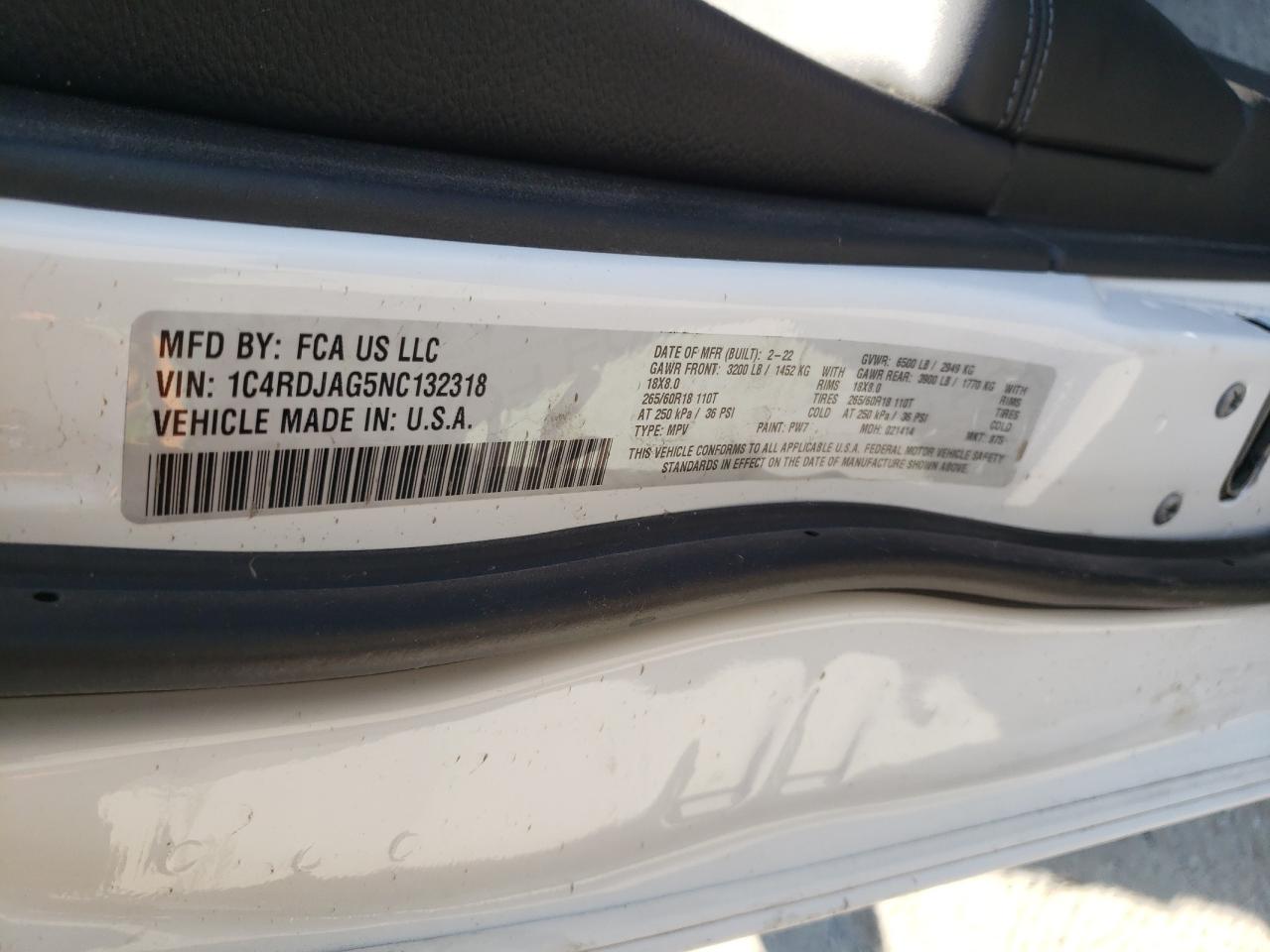 2022 Dodge Durango Sxt VIN: 1C4RDJAG5NC132318 Lot: 66213064