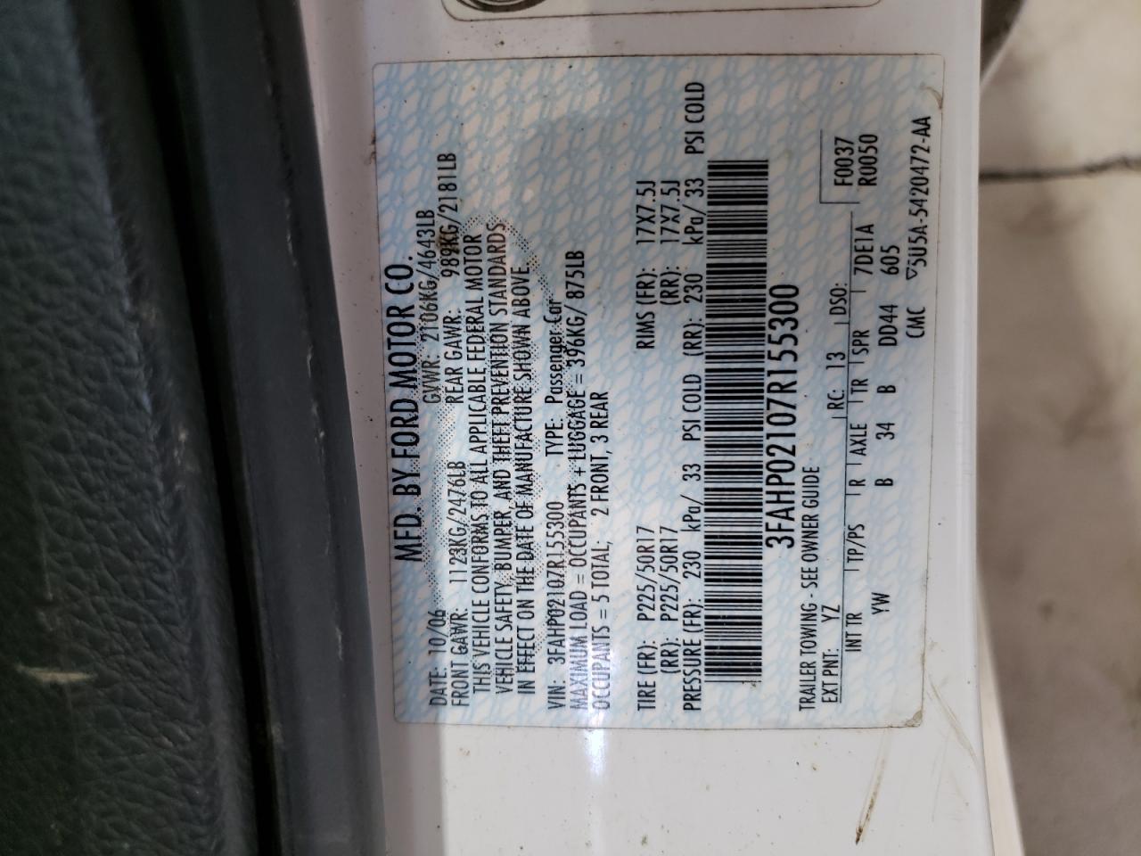 2007 Ford Fusion Sel VIN: 3FAHP02107R155300 Lot: 65317644