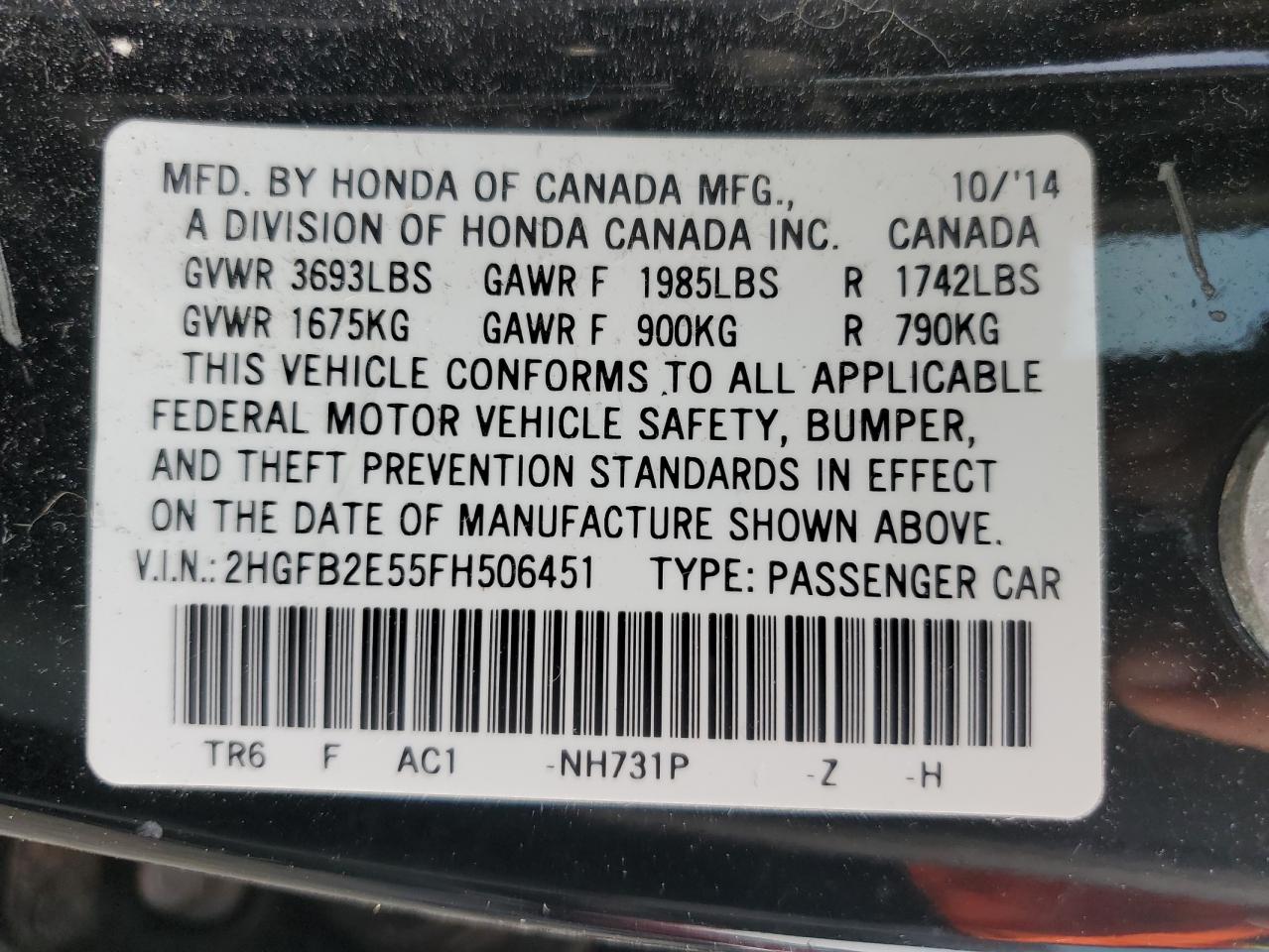 2HGFB2E55FH506451 2015 Honda Civic Lx