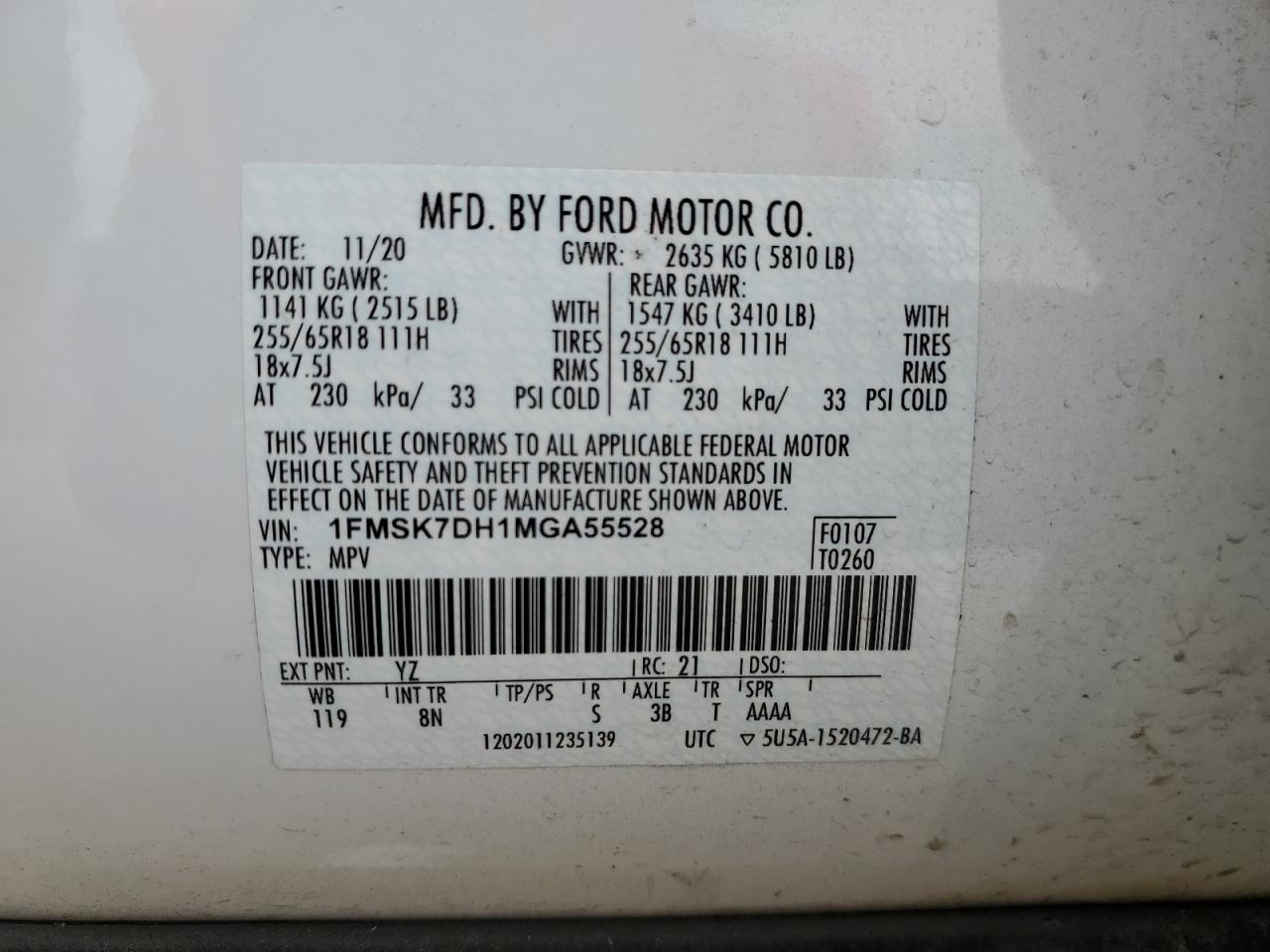 2021 Ford Explorer Xlt VIN: 1FMSK7DH1MGA55528 Lot: 68458994