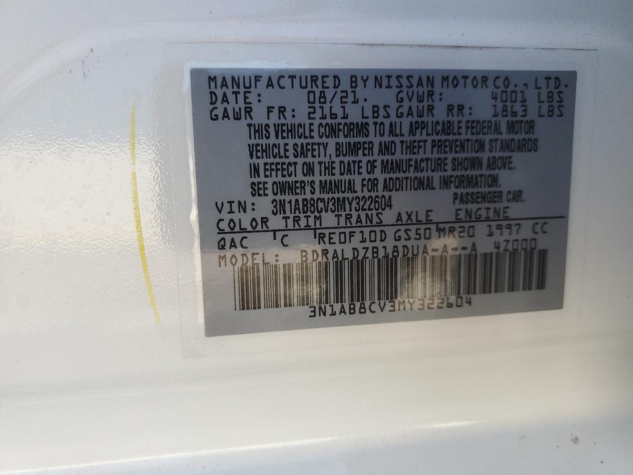 2021 Nissan Sentra Sv VIN: 3N1AB8CV3MY322604 Lot: 65473554