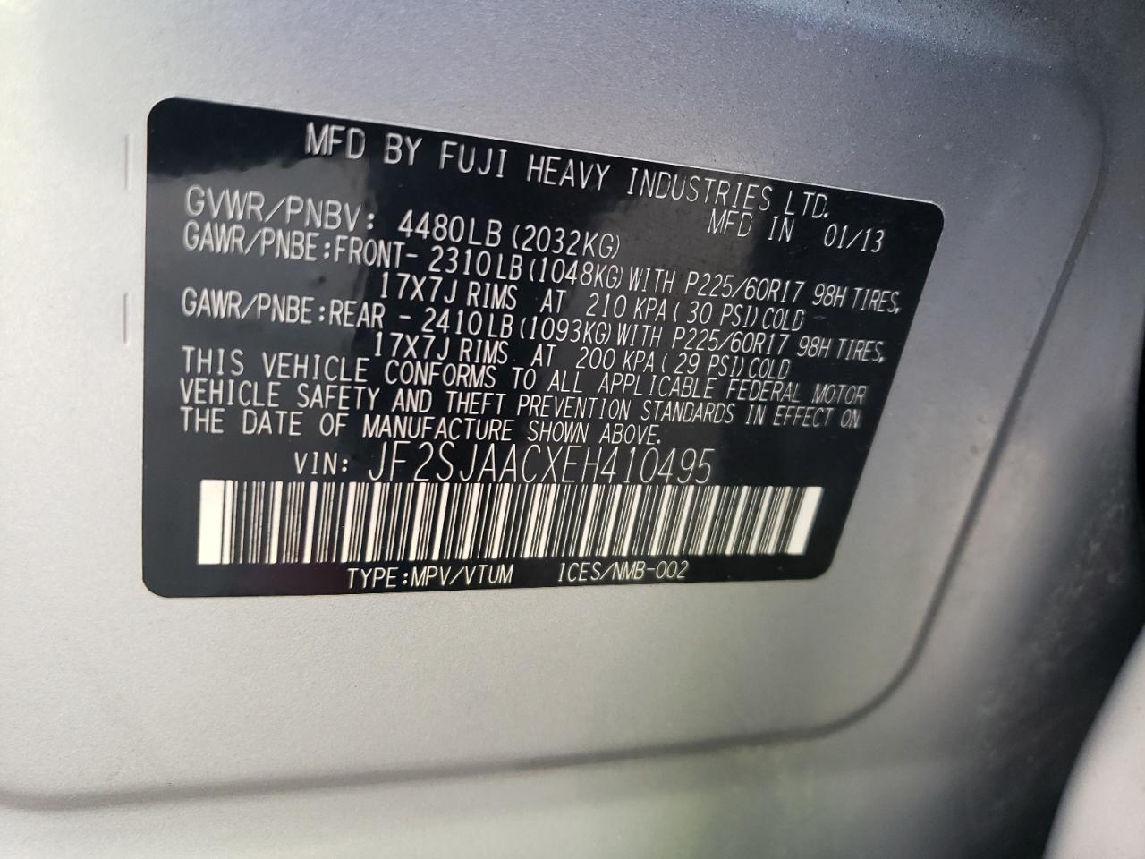 2014 Subaru Forester 2.5I VIN: JF2SJAACXEH410495 Lot: 66012474