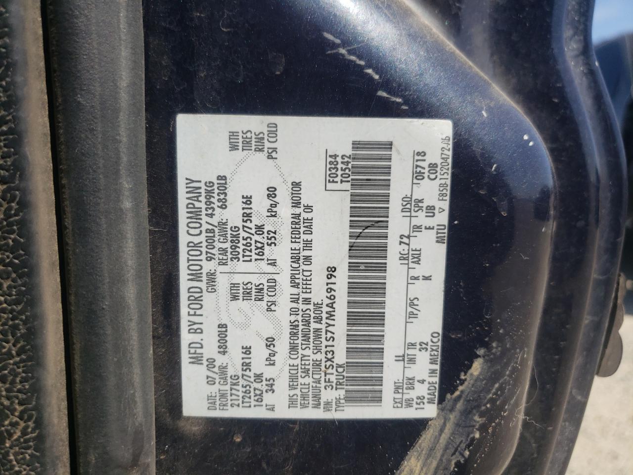 2000 Ford F350 Srw Super Duty VIN: 3FTSX31S7YMA69198 Lot: 66282064