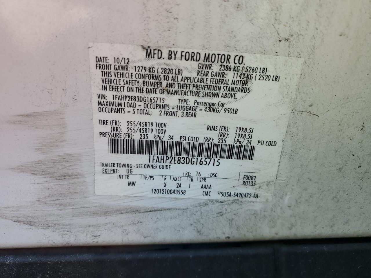 2013 Ford Taurus Sel VIN: 1FAHP2E83DG165715 Lot: 67019334