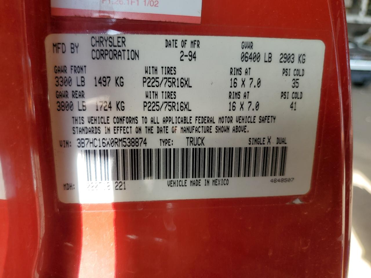 1994 Dodge Ram 1500 VIN: 3B7HC16X0RM538874 Lot: 66895684