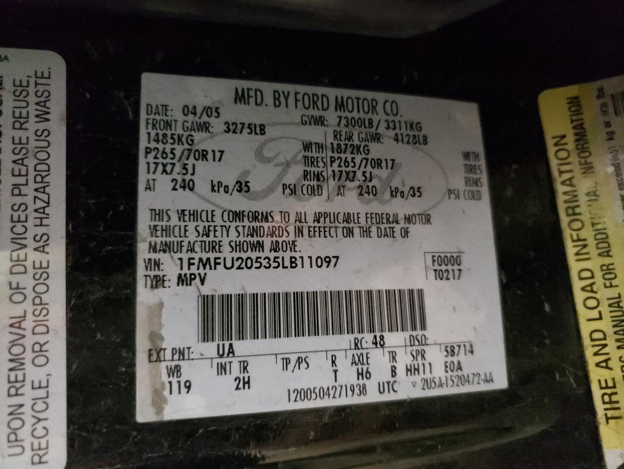 2005 Ford Expedition Limited VIN: 1FMFU20535LB11097 Lot: 69018594