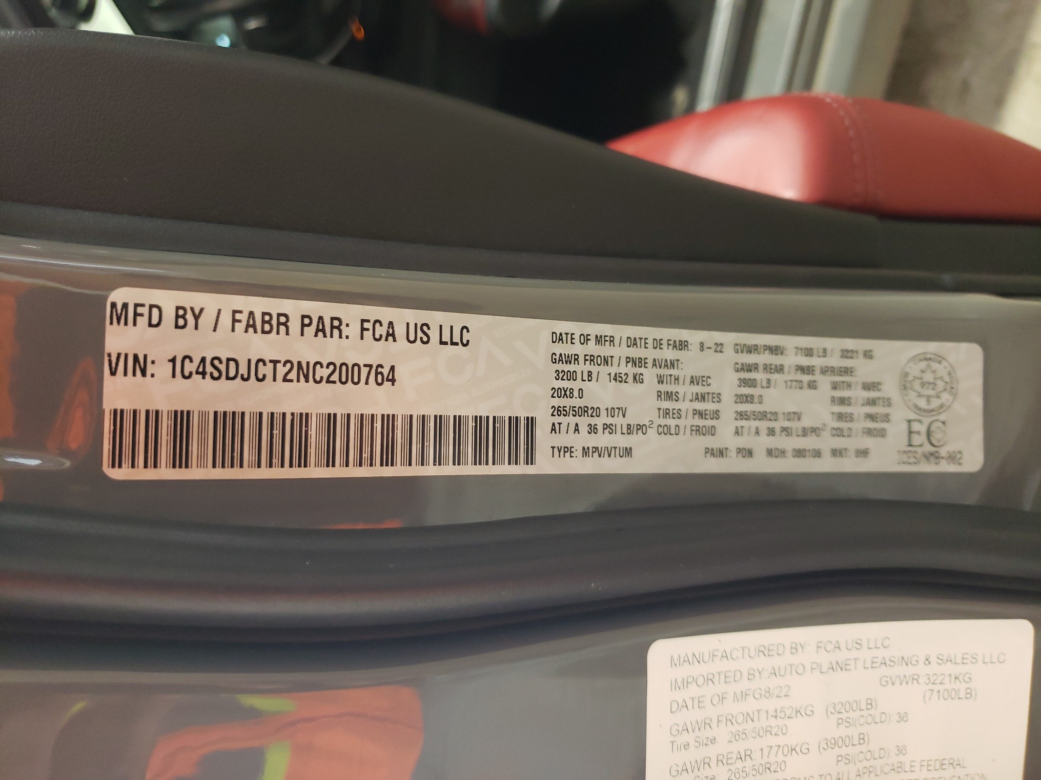 1C4SDJCT2NC200764 2022 Dodge Durango R/T