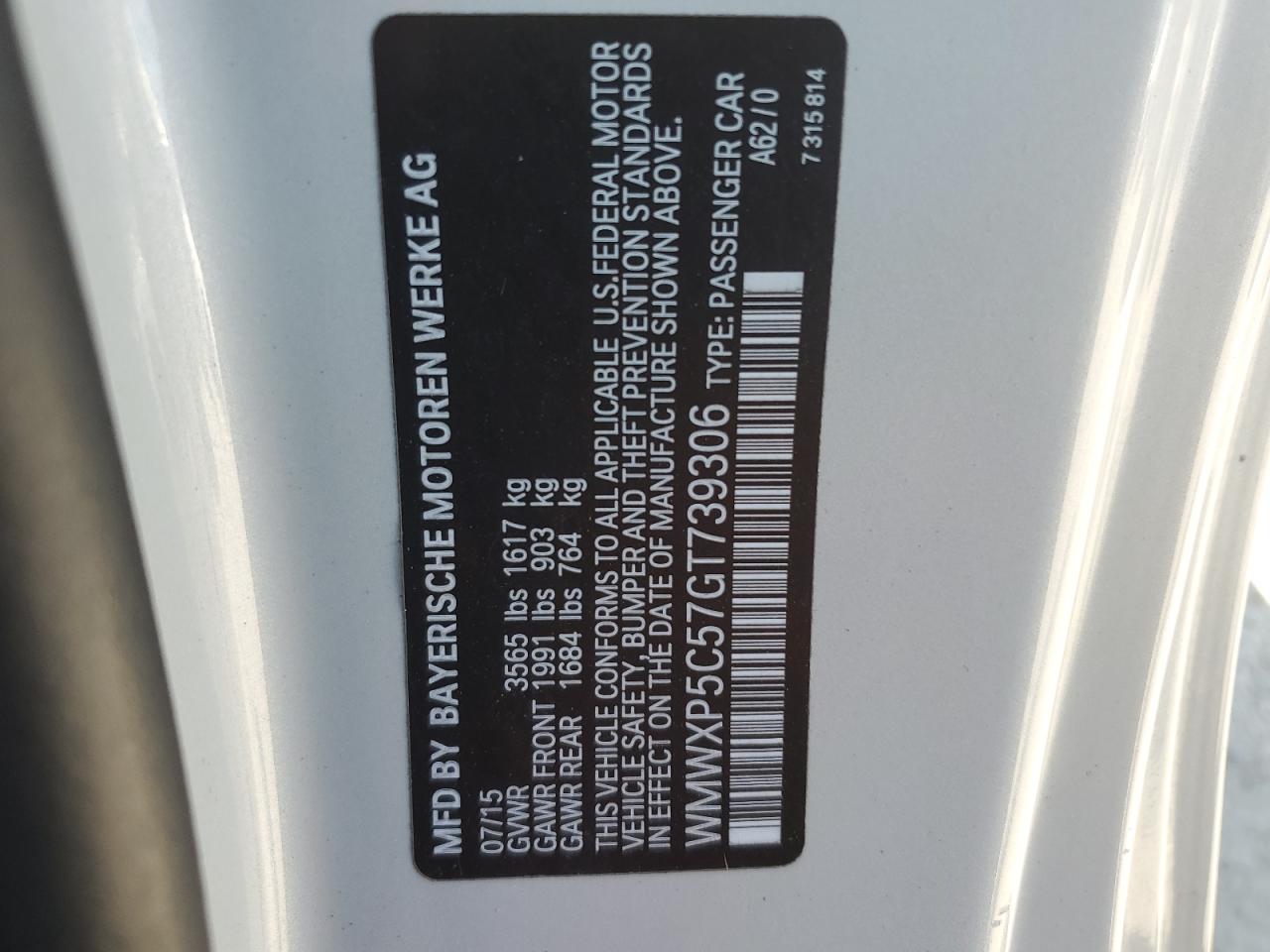 2016 Mini Cooper VIN: WMWXP5C57GT739306 Lot: 66038404