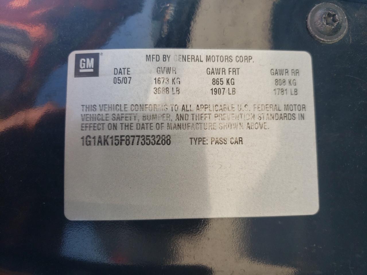 2007 Chevrolet Cobalt Ls VIN: 1G1AK15F877353288 Lot: 67311904